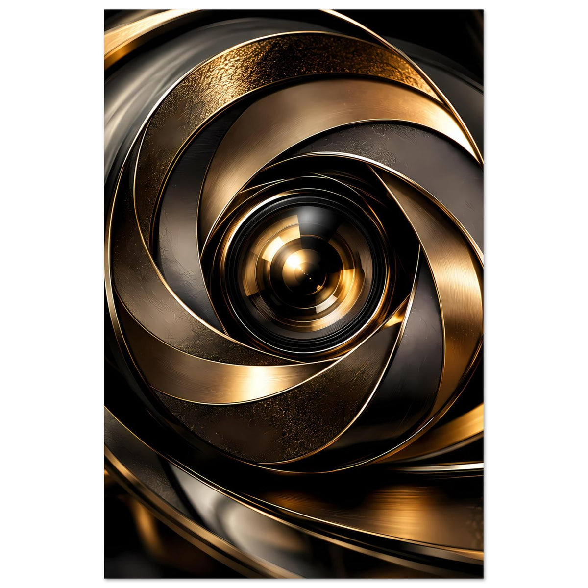 Abstraktes Poster mit goldener Spiraloptik auf dunklem Hintergrund
