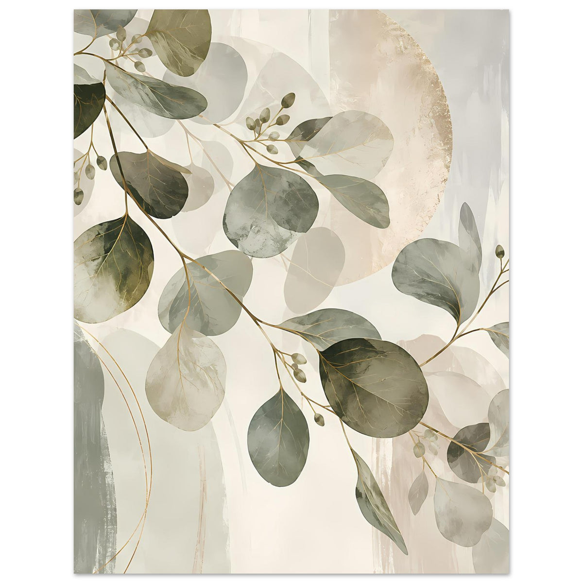 Kunstposter mit botanischem Blattwerk in Oliv, Grau und Beige sowie feinen Goldlinien