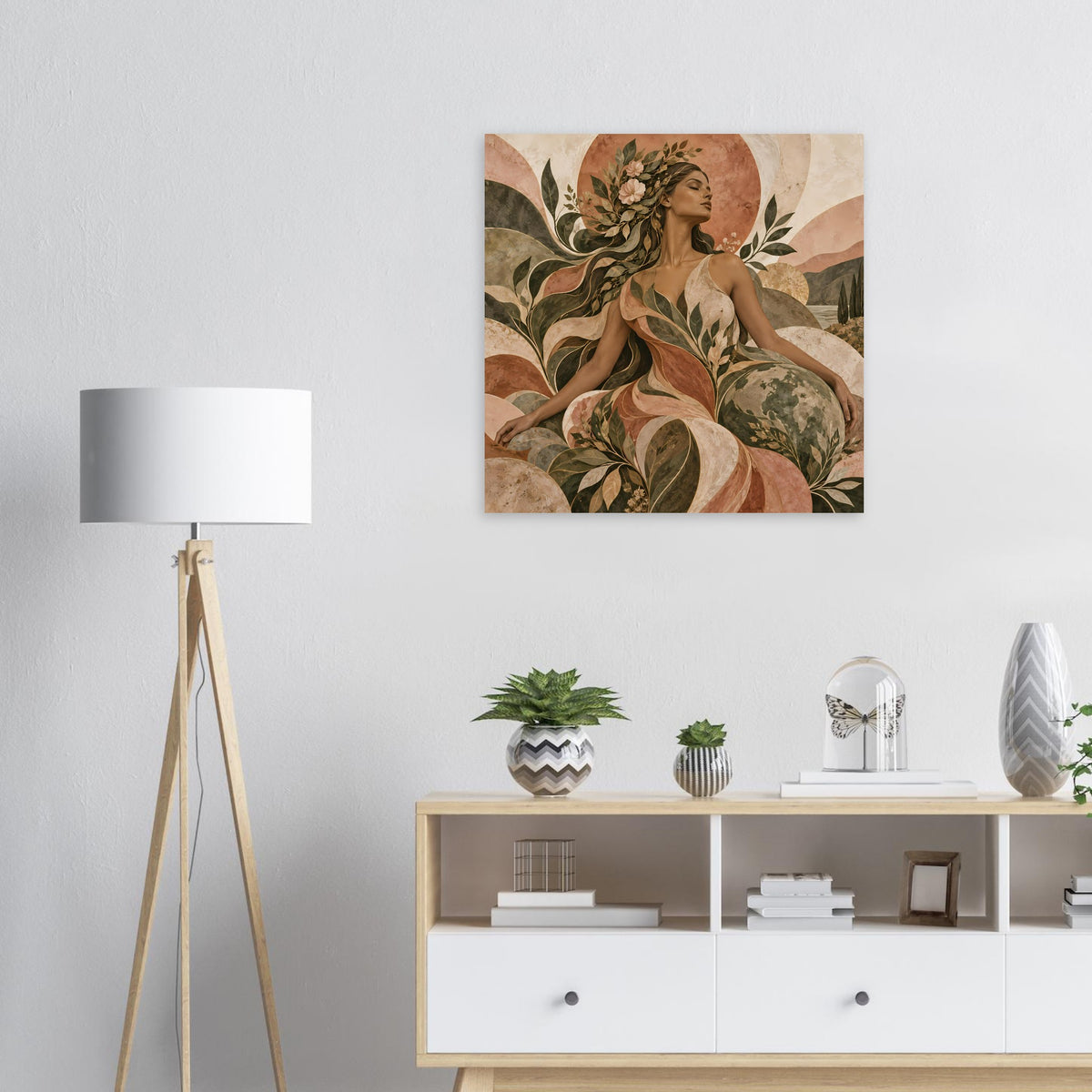Kunstposter mit Porträt einer Frau und Blätterranken in erdigen Naturtönen