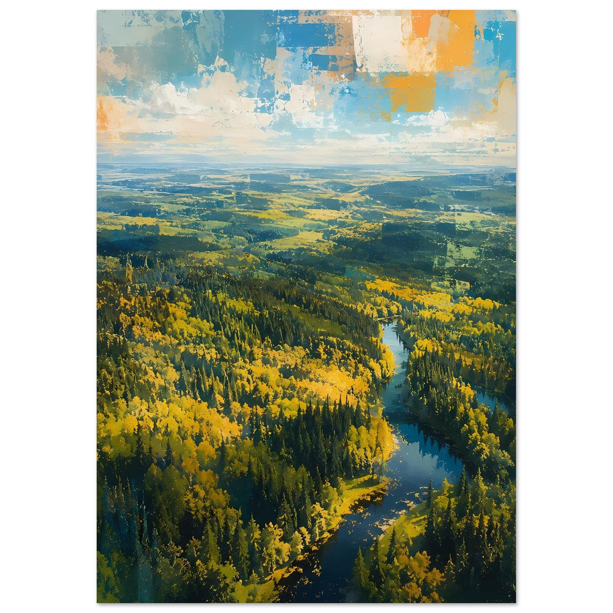 Poster im Hochformat: Landschaft mit Fluss zwischen Laubwald, gelbe Herbsttöne und weite Wiesen