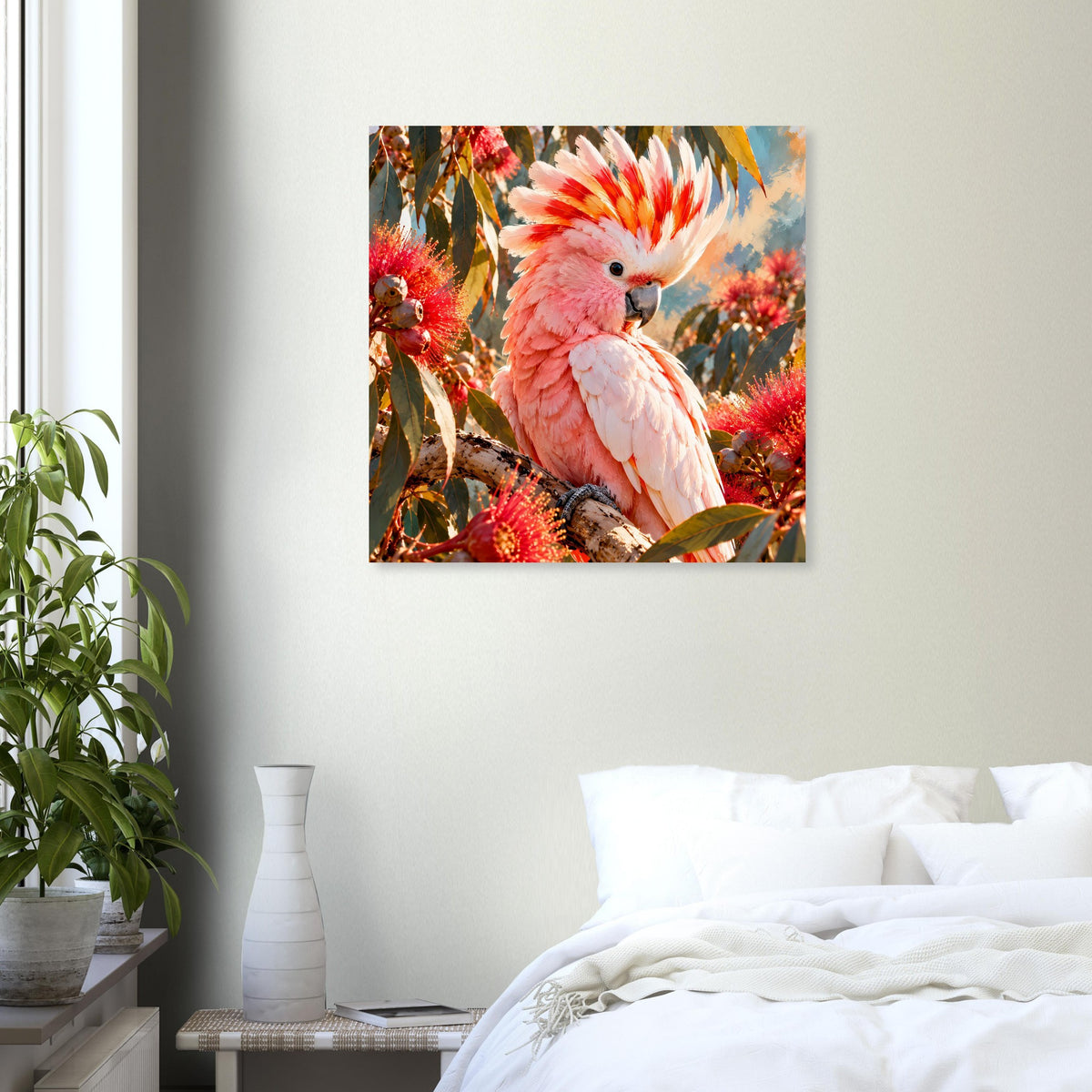 Wandposter mit rosa Kakadu im Blumen-Dschungel