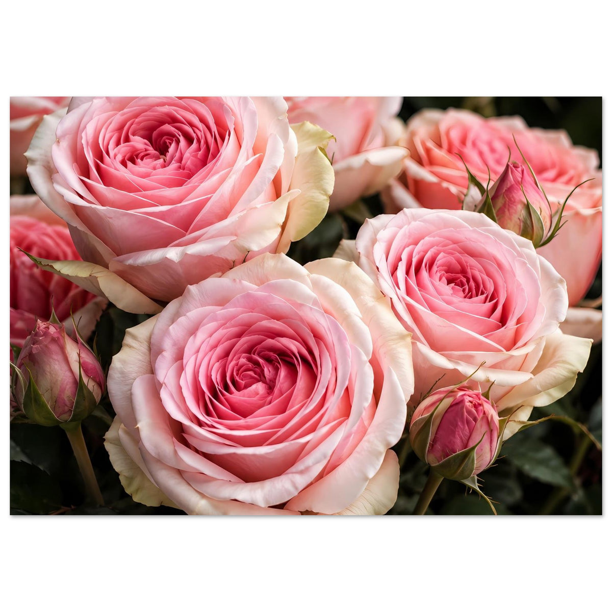 Poster mit zartrosa Rosen und cremeweißen Blütenblättern, mehrere Blüten, mit weißem Rand