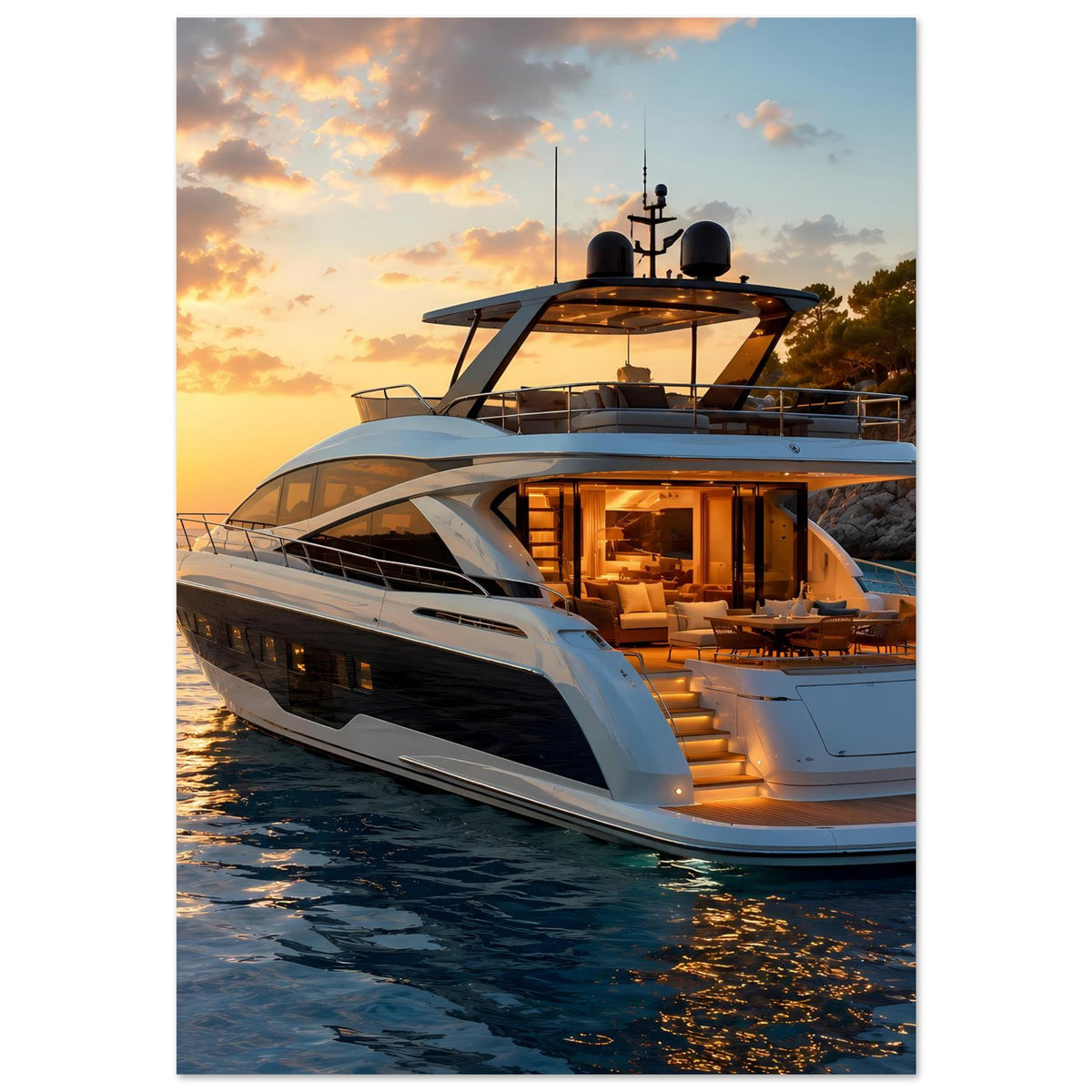 Hochkant-Yachtposter mit weißer Luxusjacht bei Sonnenuntergang, Decks und Steuerstand
