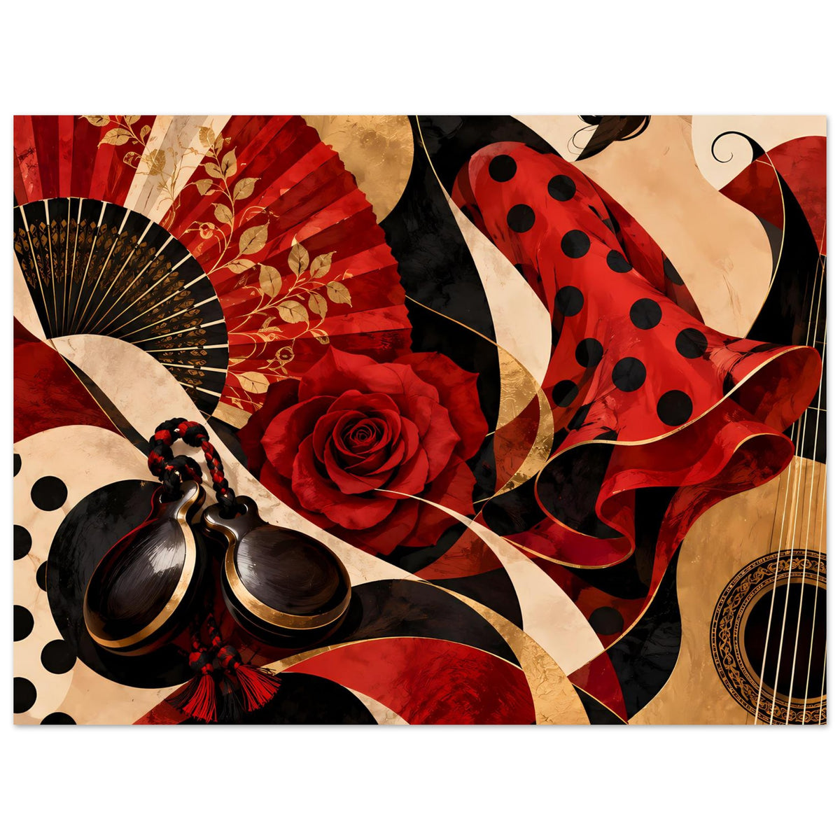 Flamenco-Poster mit Fächer, roter Rose und Polka-Dot-Schleppe, querformat