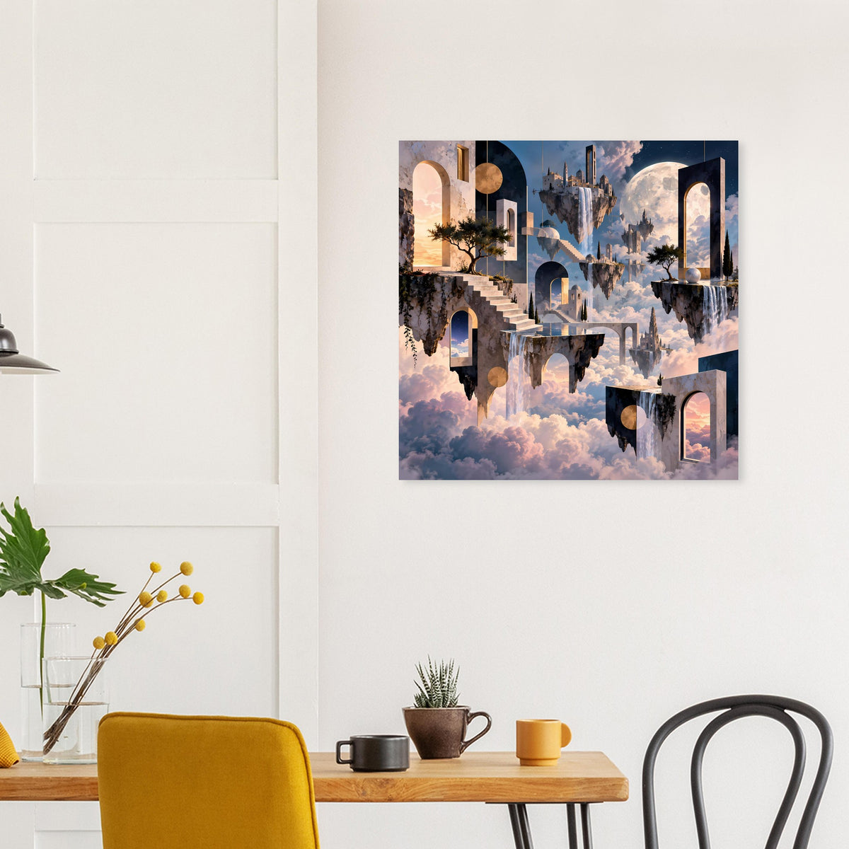 Surreales Poster mit schwebenden Inseln, Palmen und Türmen über Wolkenmeer