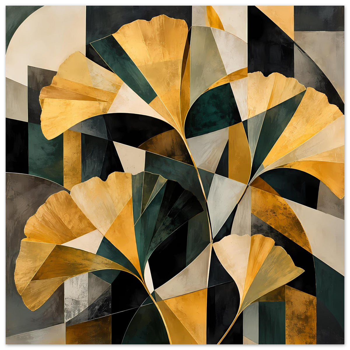 Abstraktes Blumenposter, naher Ausschnitt: goldene Blüten, dunkelgrüne Bögen und schwarze Flächen