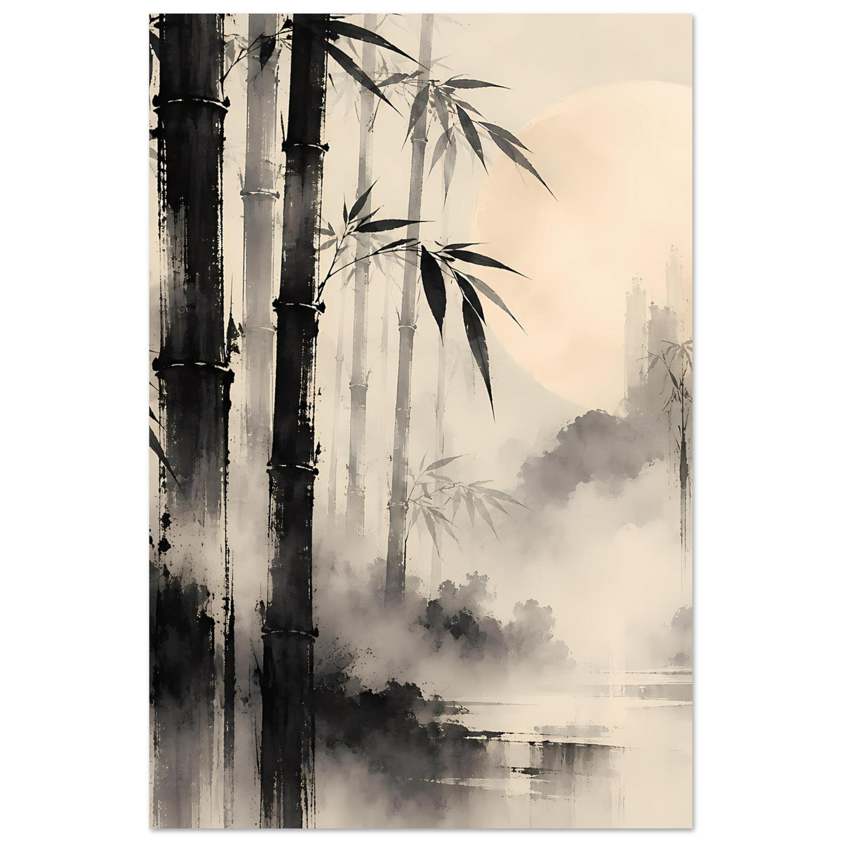 Wandposter Bambuswald-Motiv im Hochformat: schwarzgraue Stämme, Nebel, Wasser am unteren Rand