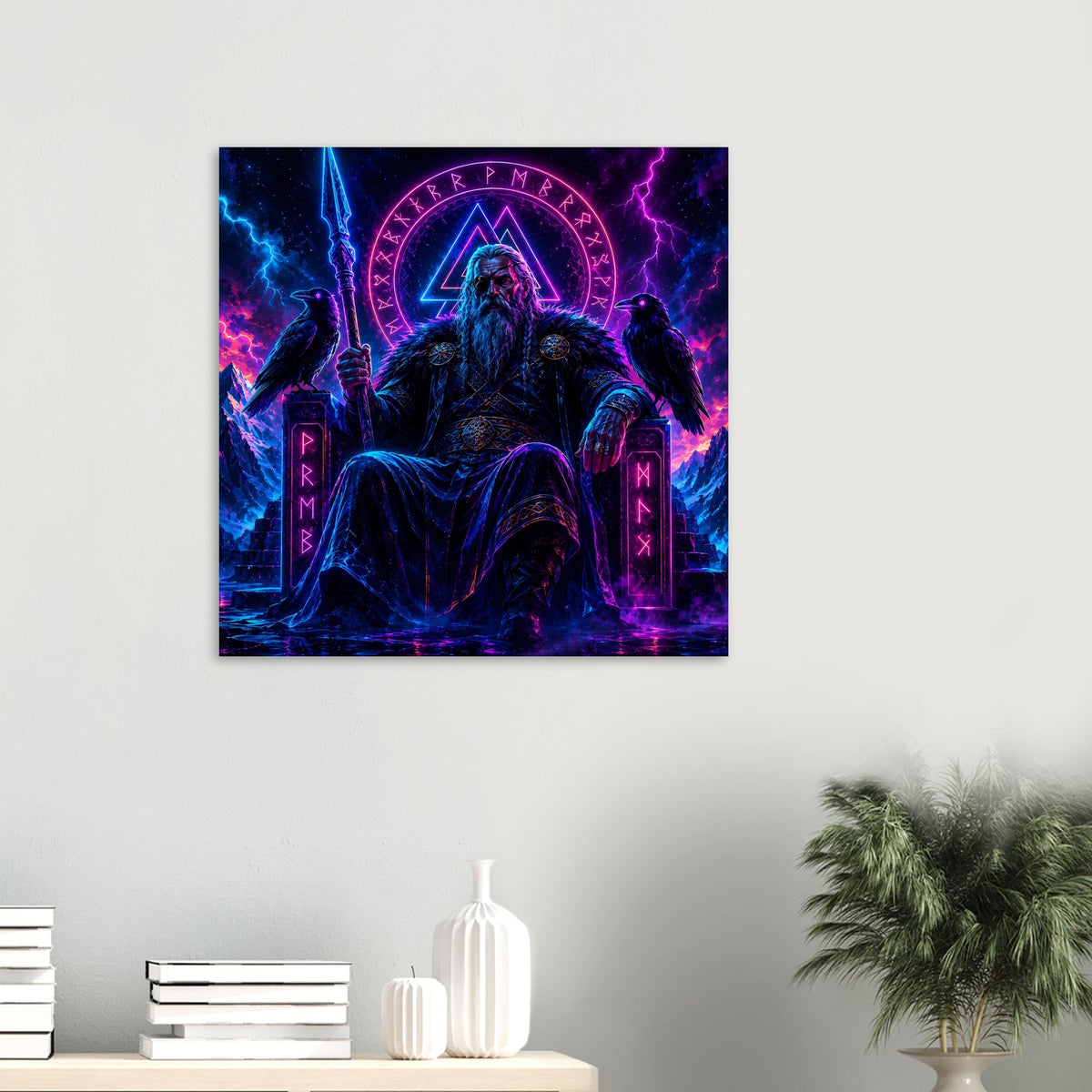 Fantasy-Poster mit Wikingerkönig im Dunkelblau, leuchtende Runen und violettes Emblem