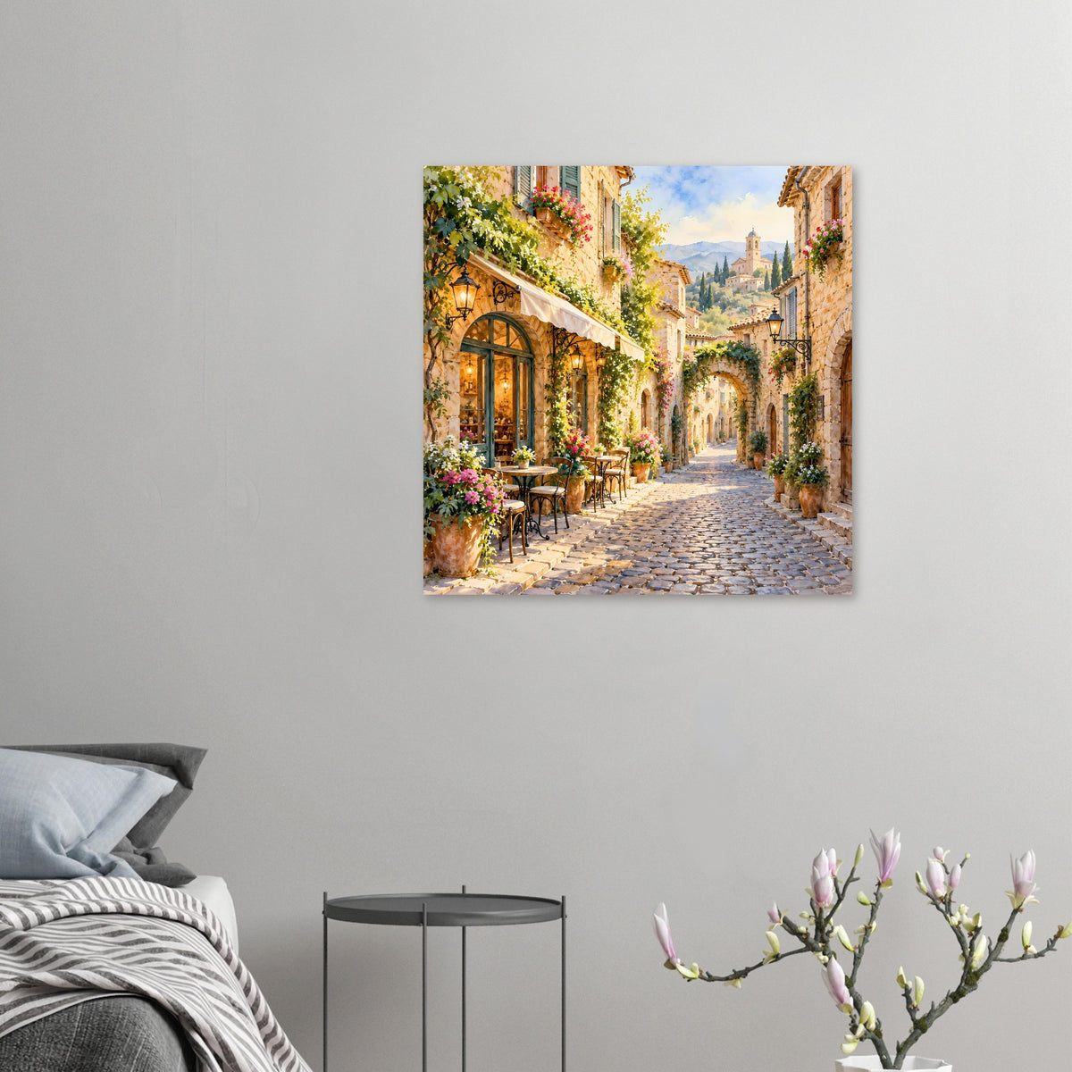 Poster mit mediterraner Gasse, Blumen und Häusern in sonniger Altstadt