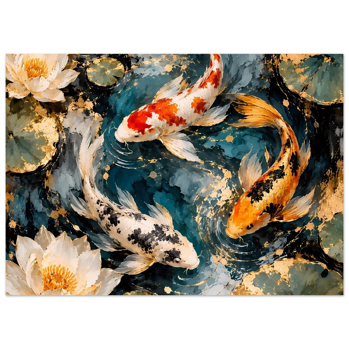 Kunstposter mit Koi-Fischen und Seerosen, dunkler Hintergrund mit blau-goldener Optik