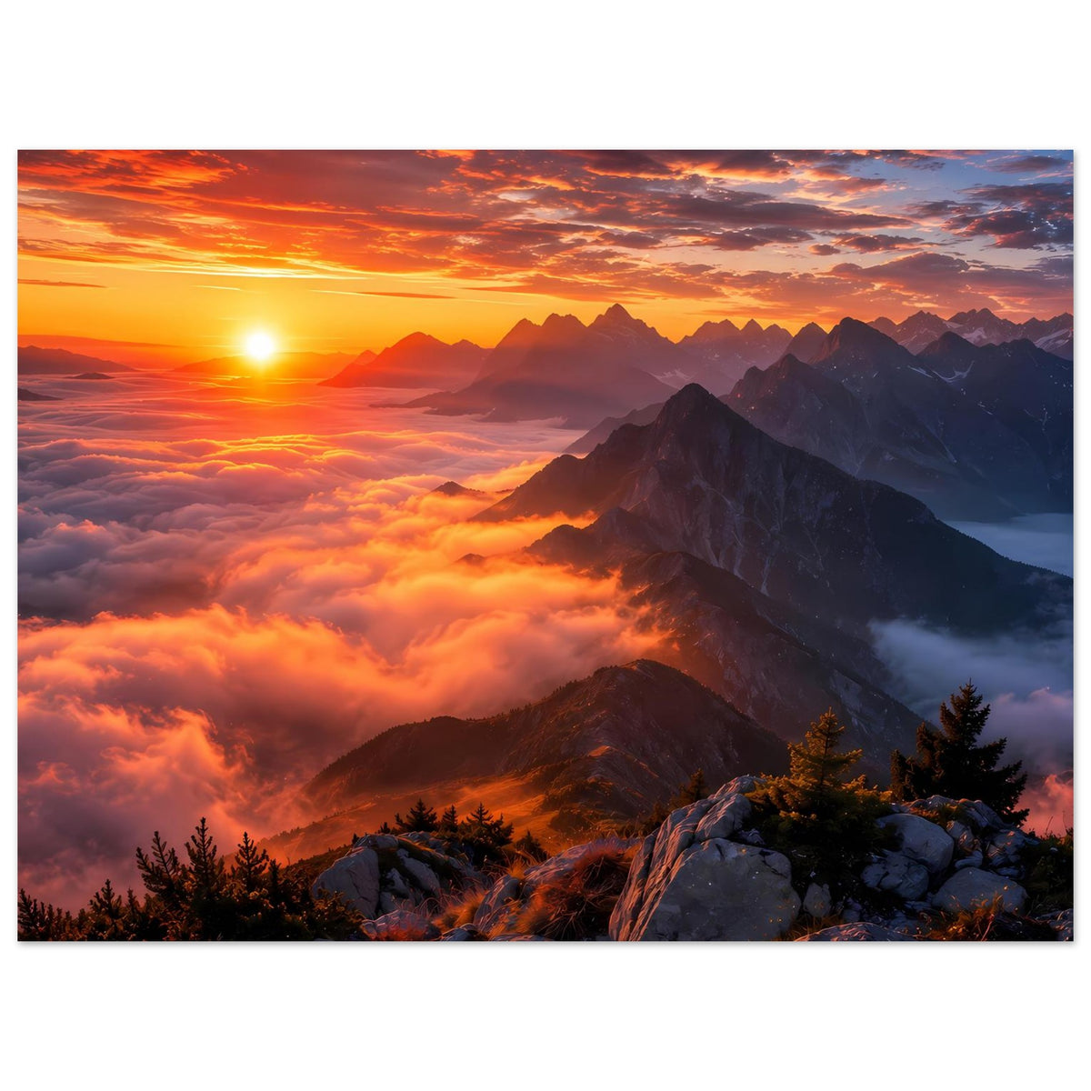 Wandposter (Querformat) mit Sonnenuntergang über Bergkette, Wolken und Fichten
