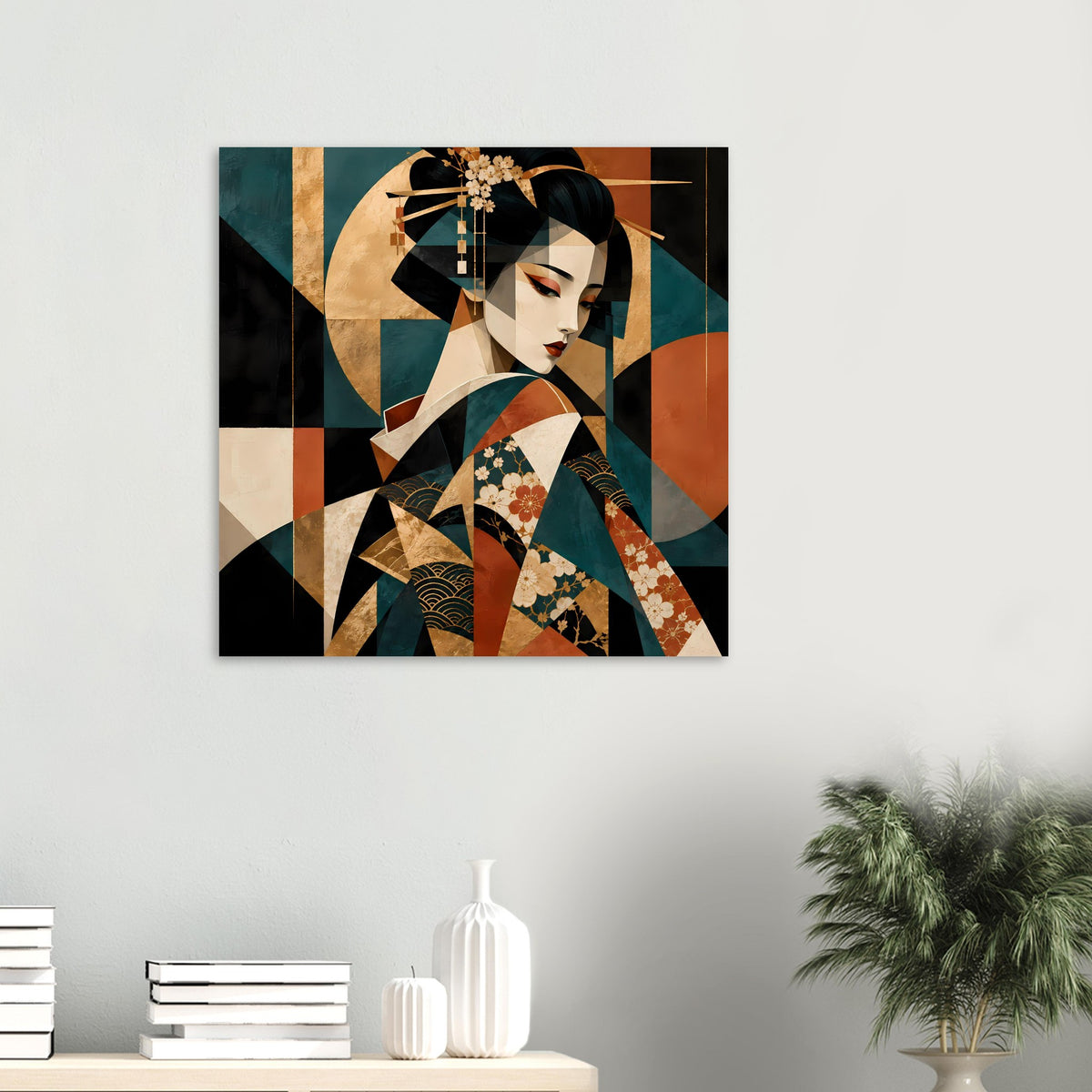 Quadratisches Kunstposter mit Geisha-Porträt in Gold-, Türkis- und Rottönen.