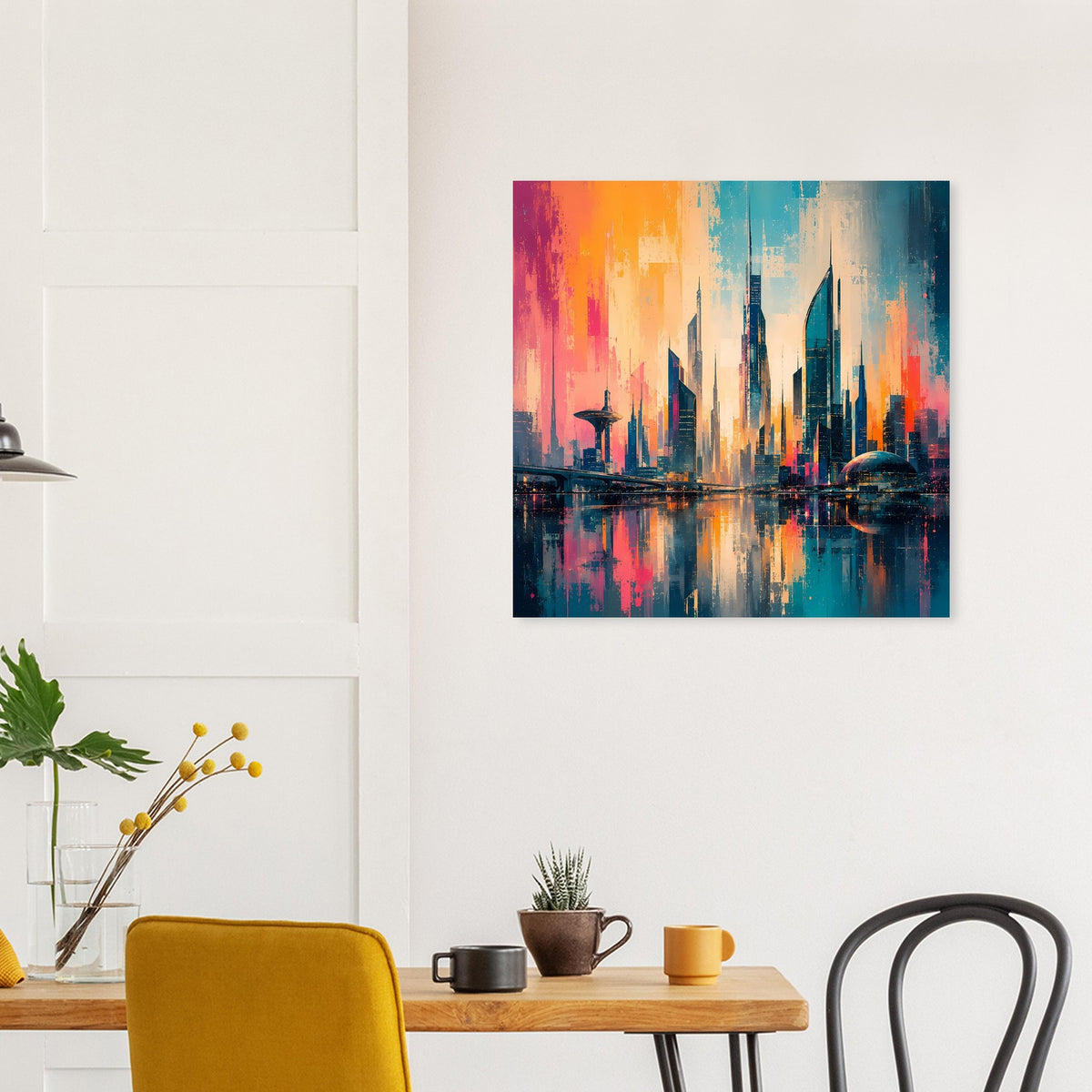 Cityscape-Poster mit futuristischer Stadtsilhouette, Spiegelbild im Wasser, Orange-Blau