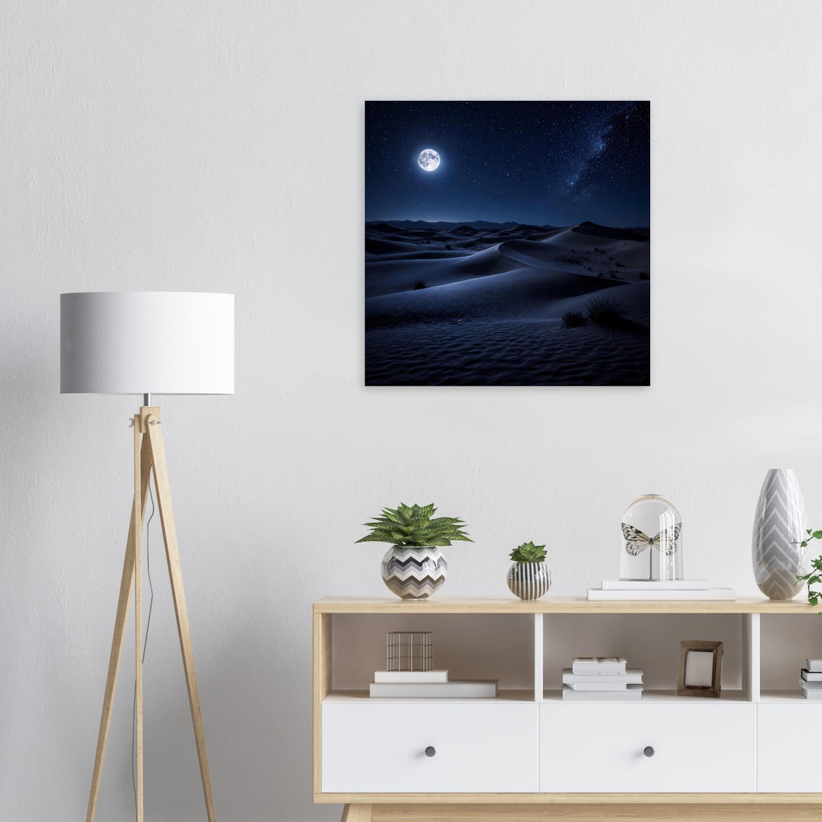 Wüstenlandschaftsposter mit Mondschein über Dünen bei Nacht, tiefer Himmel mit Sternen