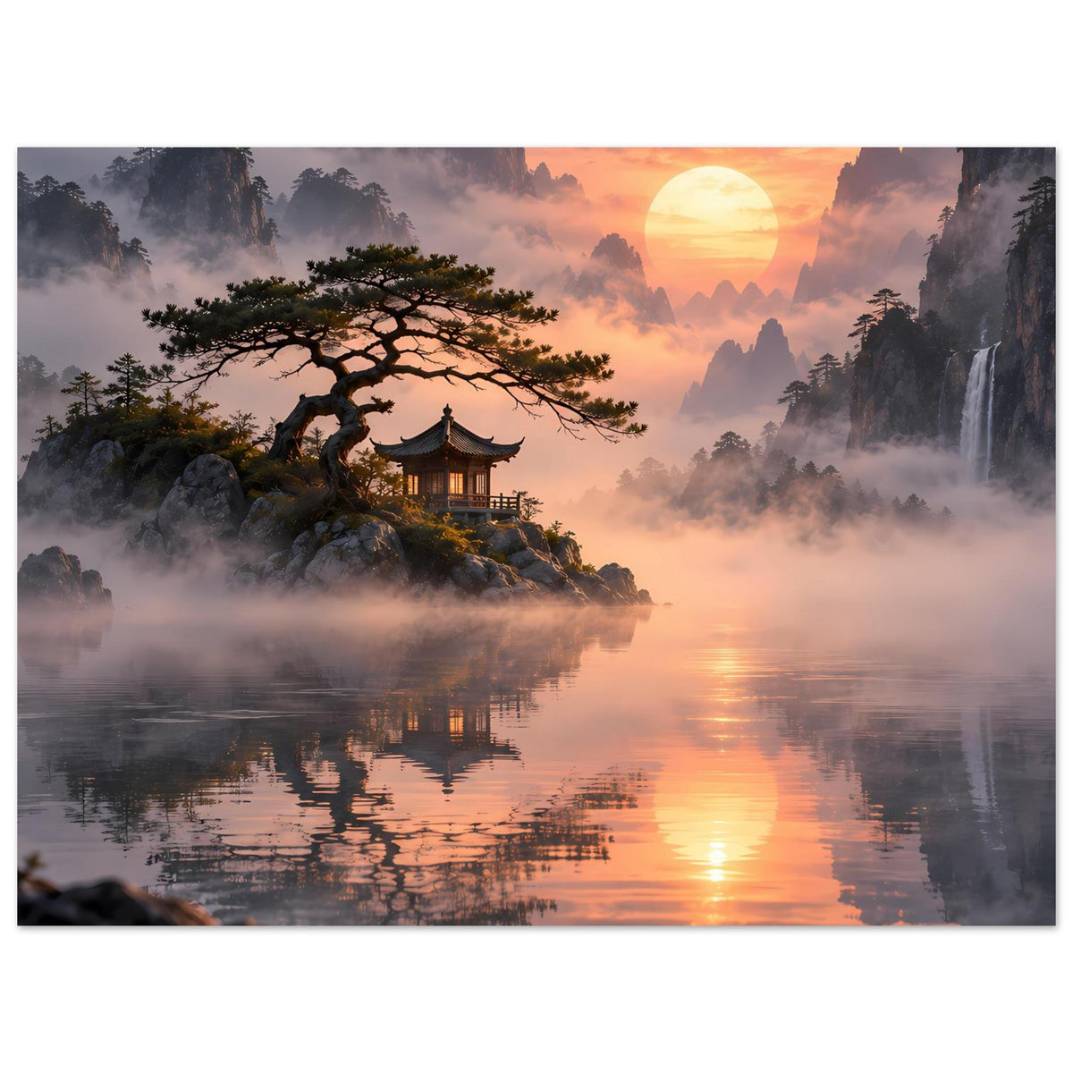 Horizontales Poster mit Sonnenuntergang über Bergkulisse, Pagode, Baum und Nebel am Wasser