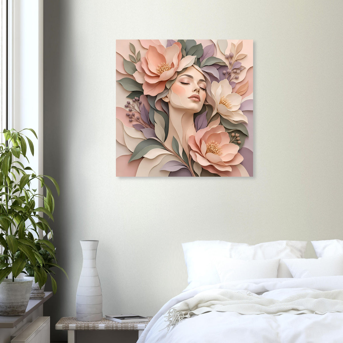 Quadratisches Wandposter mit zartem Blumenkranz um das Frauenporträt in Rosa, Beige und Grau