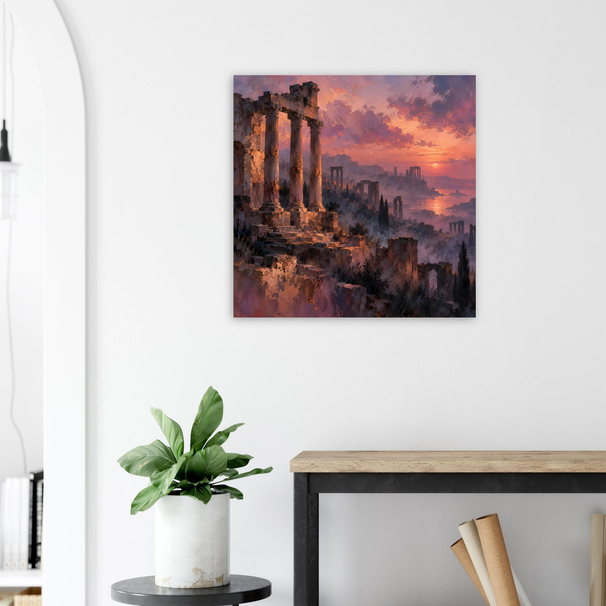 Quadratischer Kunstdruck: antike Ruinen im Sonnenuntergang, orange und violett