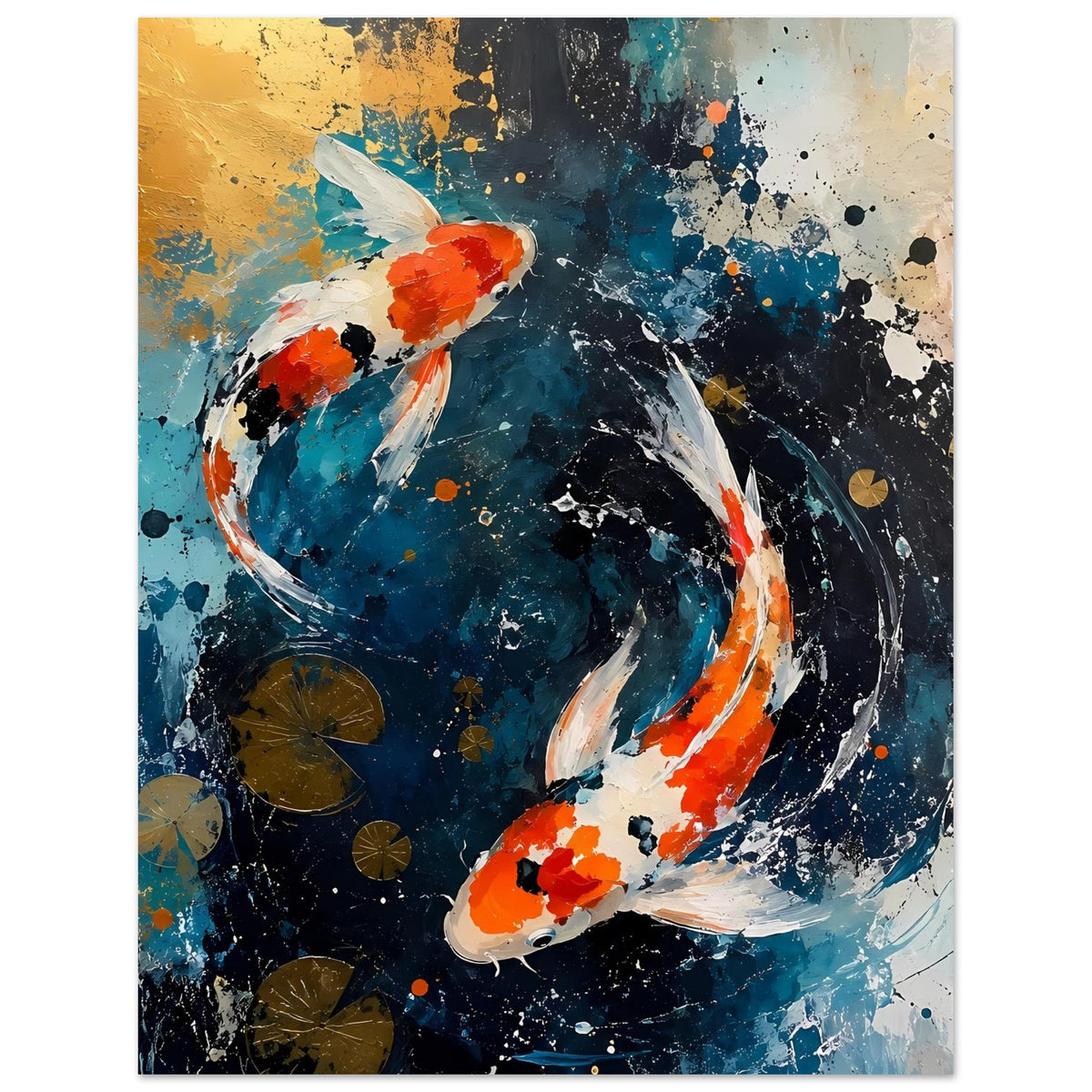 Wandposter im Rahmen mit zwei Koi in Blau und Orange, abstrakte Strudel und goldene Kreise