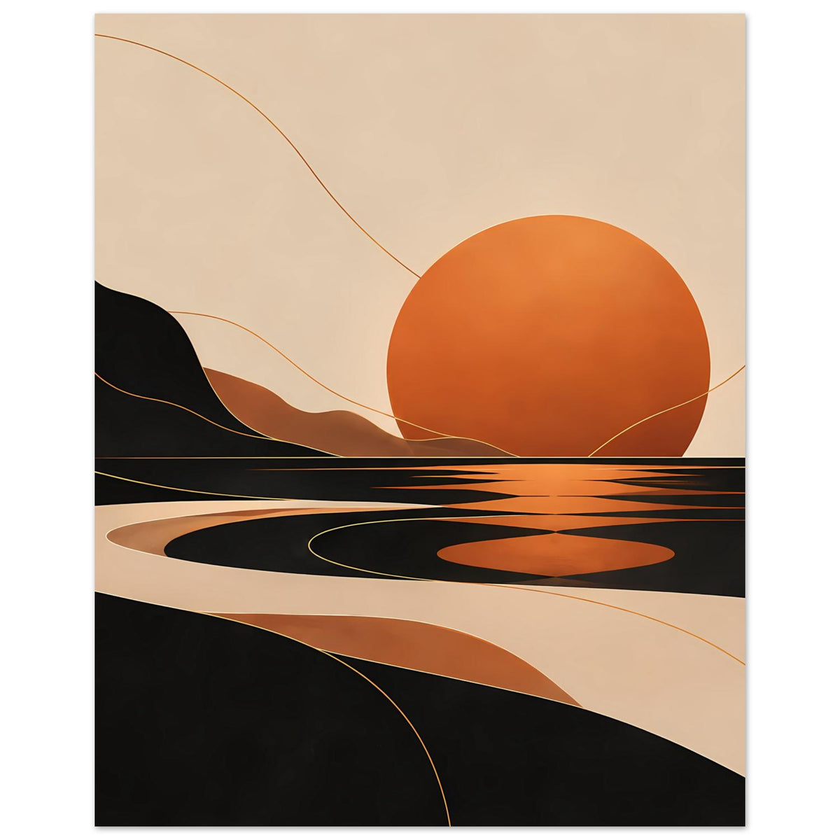 Vertikales Poster mit orangefarbenem Sonnenkreis, schwarzen Kurven und warmem Landschaftsbild