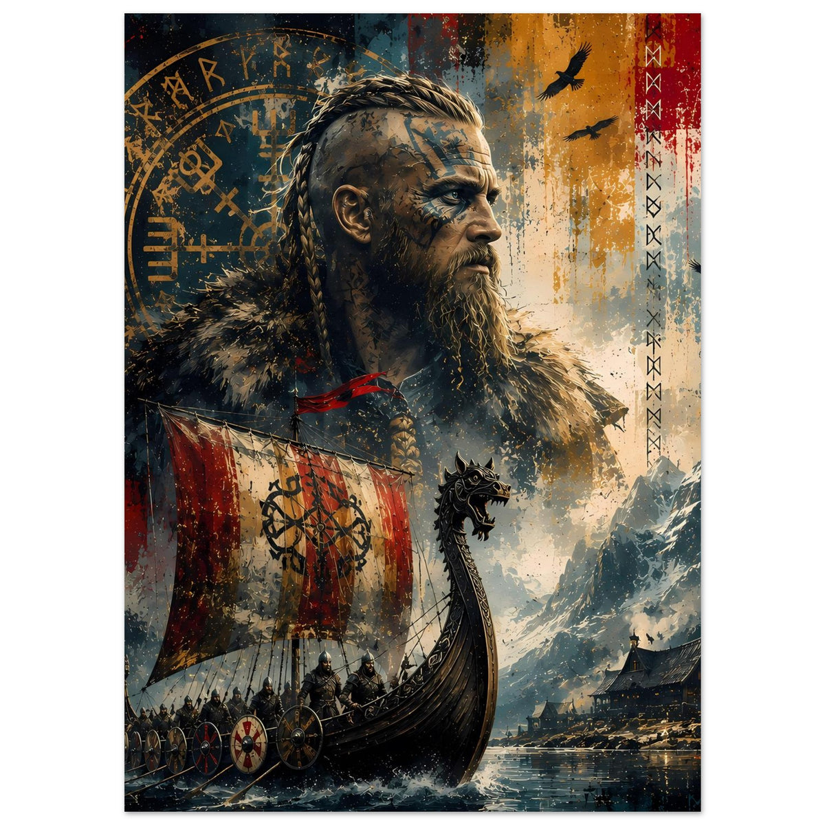 Wikinger-Legendenposter: Nordmann im Profil, Schildbanner und Segelschiffe