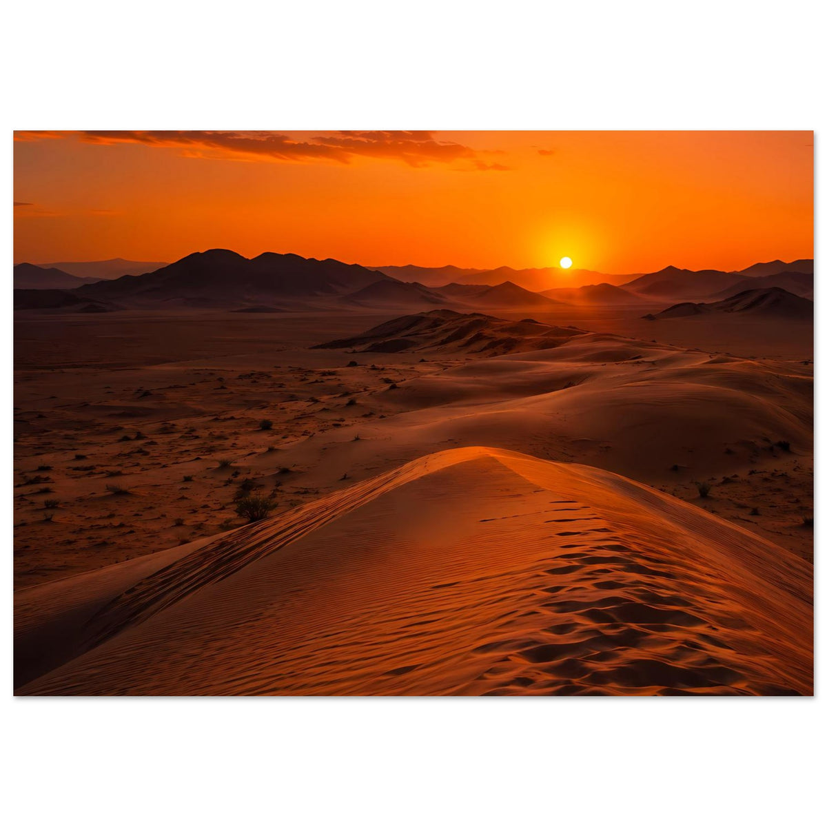Wüstenlandschaftsposter mit orangefarbener Sonne und Sanddünen, horizontal