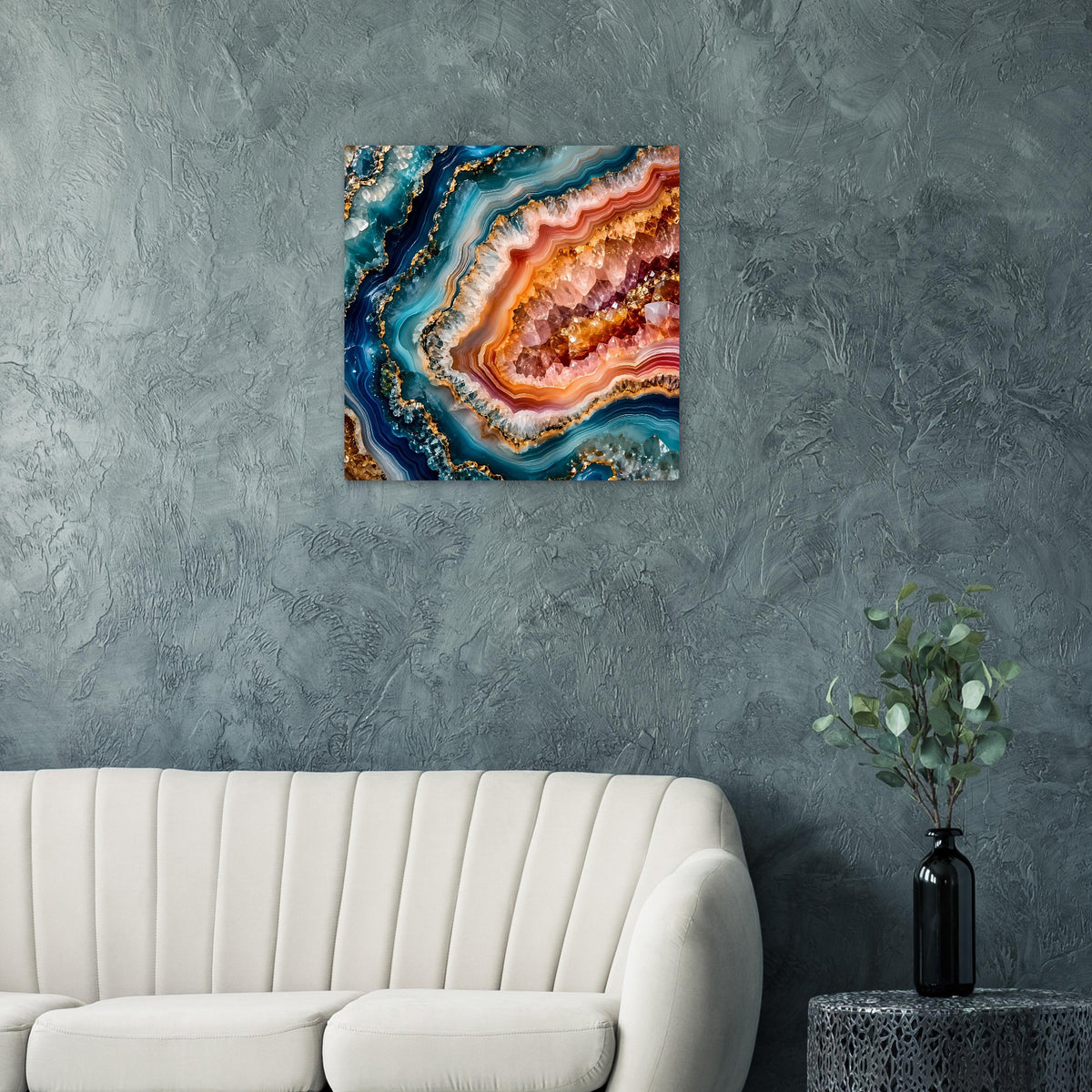 Geoden-Kristallkunst-Poster mit schichtartigen Mustern in Blau, Orange und Gold