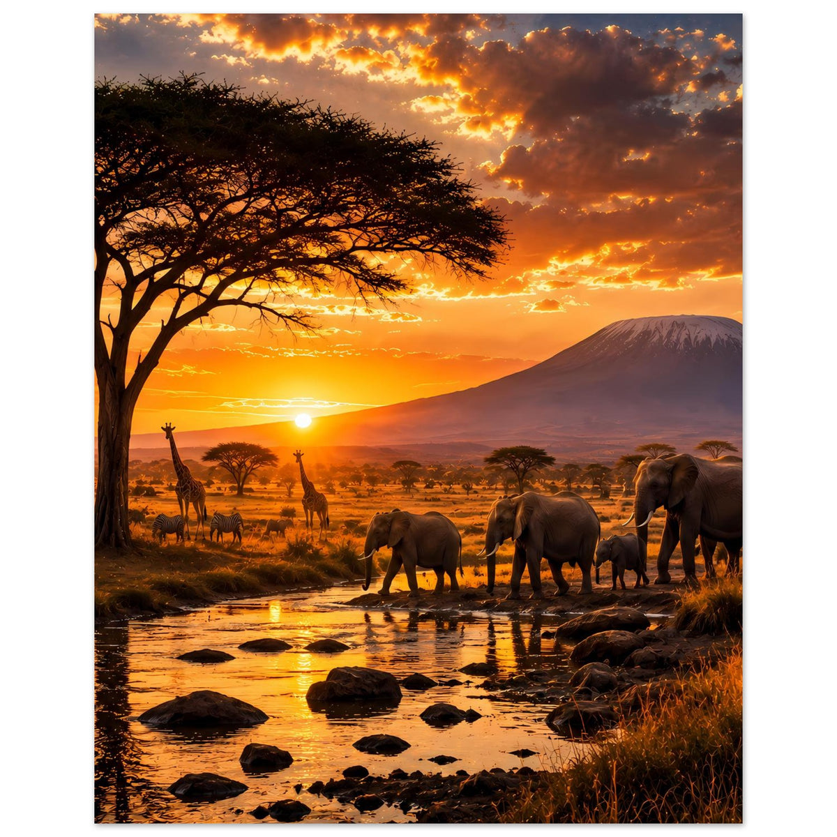 Safari-Poster: Giraffen und Elefanten vor Bergkulisse, Akazienbaum am Fluss bei Abendlicht