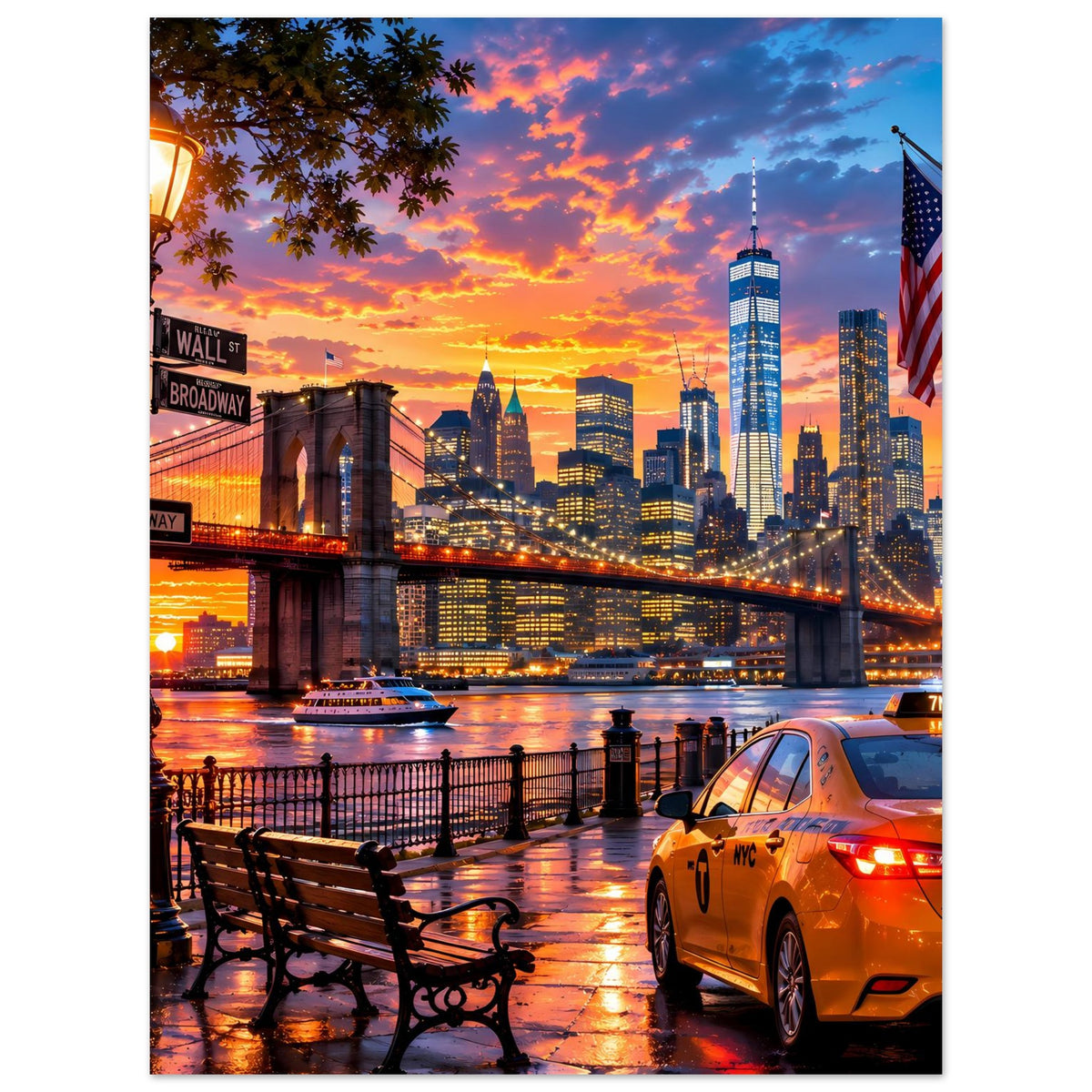 Stadtansicht-Poster mit New-York-Skyline bei Sonnenuntergang, Brücke, Boot und gelbem Taxi