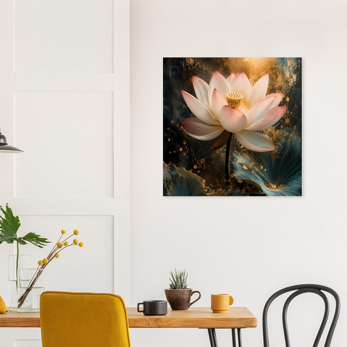 Kunstdruck: weiße Lotusblüte mit Goldakzenten auf petrolfarbenem Hintergrund