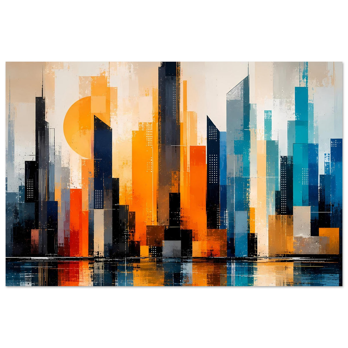 Abstraktes Stadtposter: orange und türkis akzentuierte Wolkenkratzer, Spiegelungen am Boden