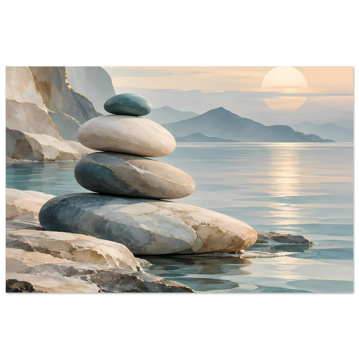 Horizontaler Poster-Druck mit Stapel aus Flusssteinen am ruhigen Meer und Bergen im Hintergrund