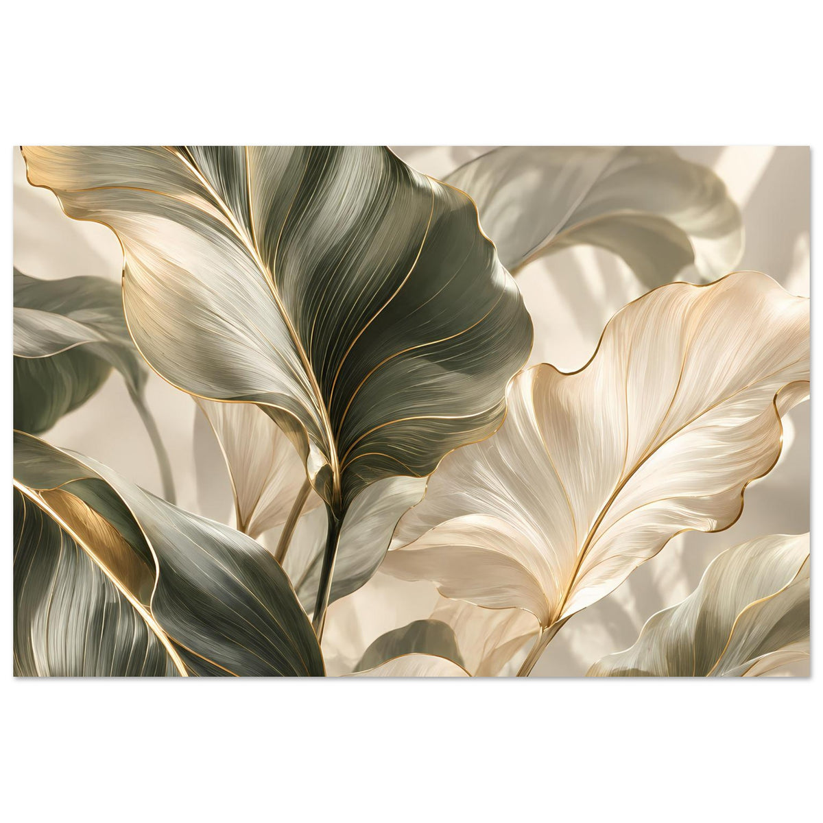Pflanzenposter mit warmem Blattmotiv aus Grün, Creme und goldenen Highlights, horizontal