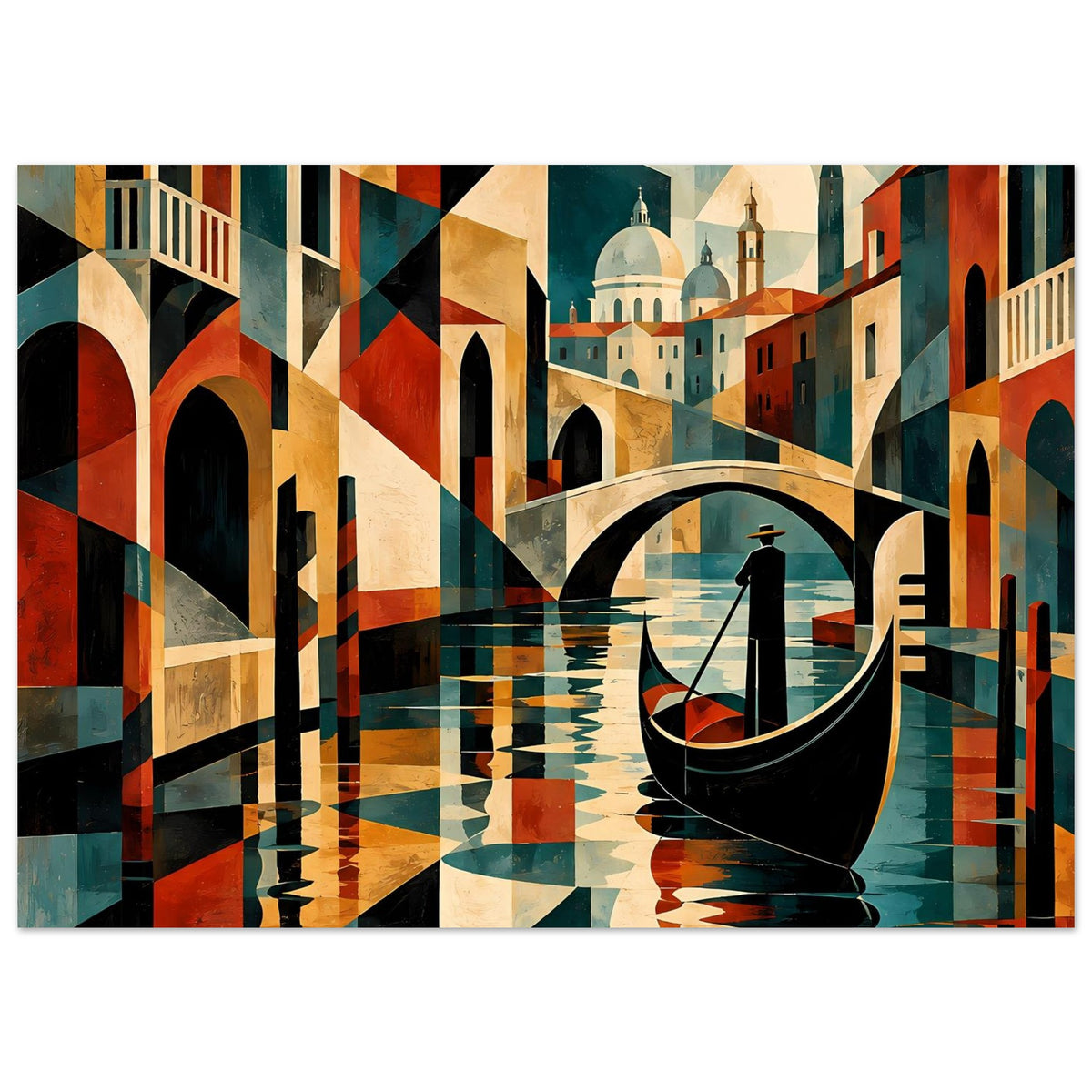 Kunstposter querformatig: abstrakter Venezianer Kanal, Gondel und bunte Gebäude mit Spiegelung