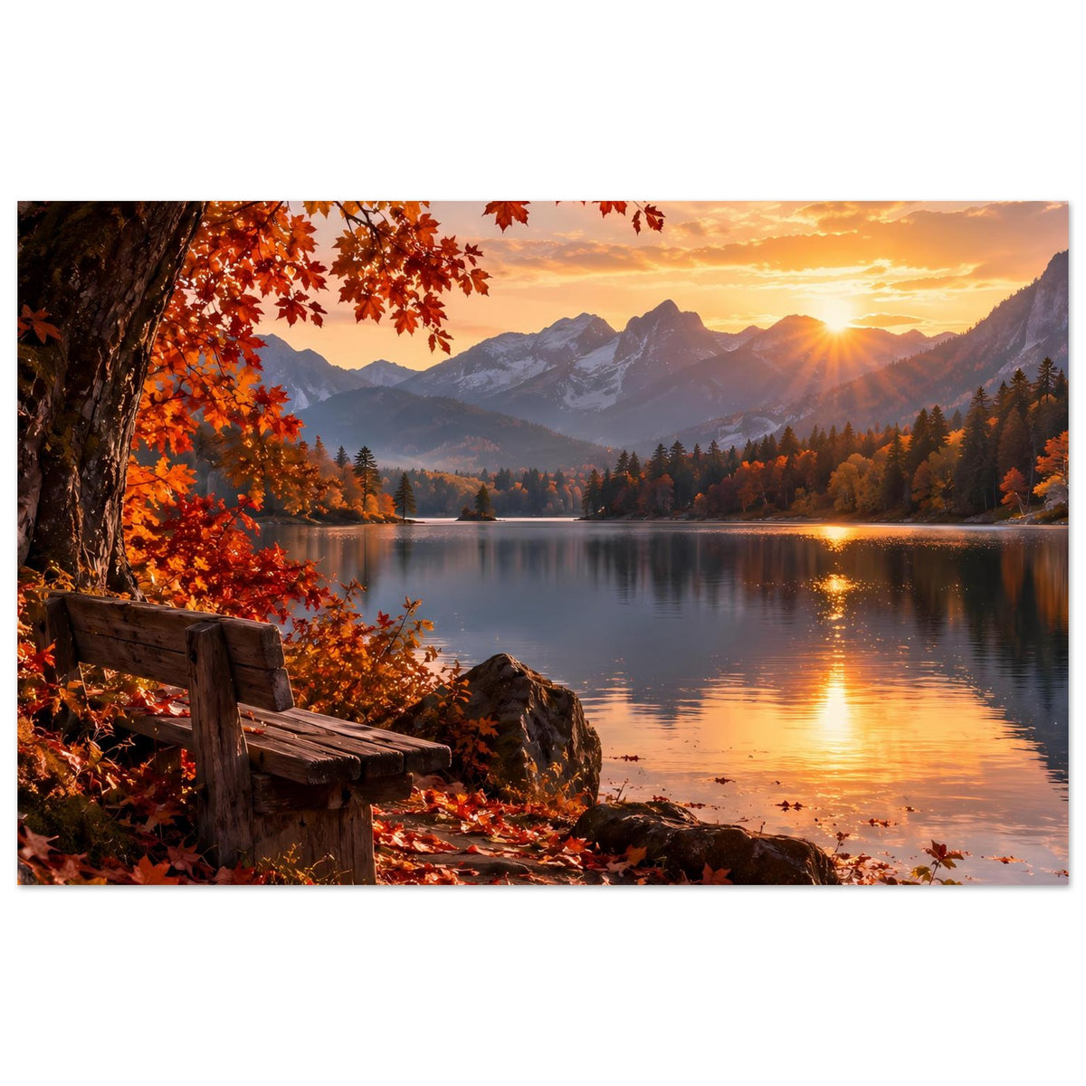 Herbstlandschafts-Poster: ruhiger See mit Bergkulisse, goldenem Abendhimmel und Herbstlaub