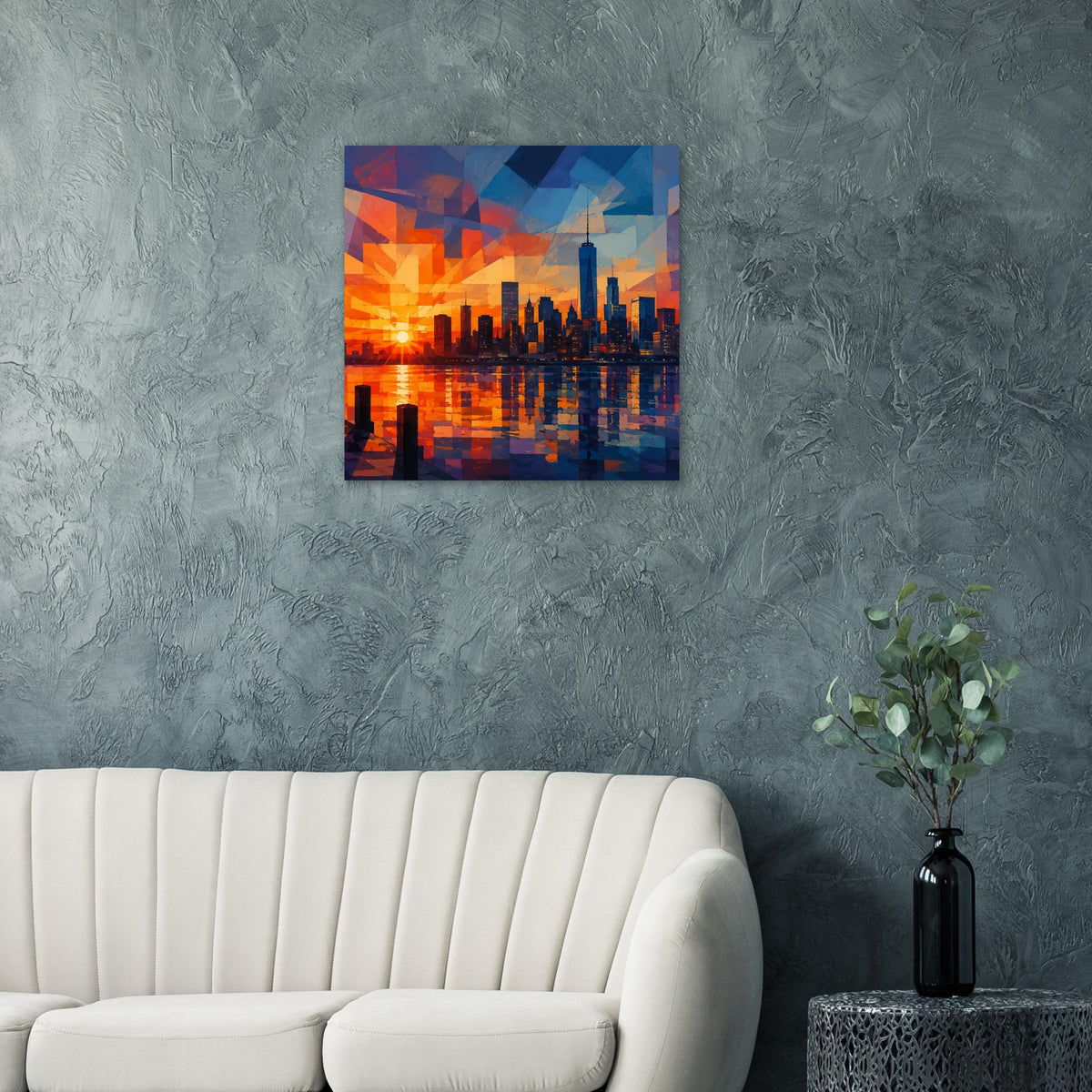 Quadratisches Poster im dunklen Rahmen mit abstrakter Skyline und Reflexionen in Orange und Blau
