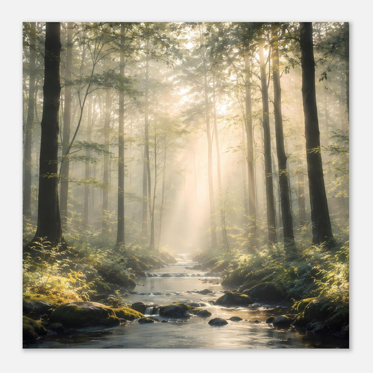 Nahansicht Natur-Poster: Waldlichtstrahlen über Bachlauf, detaillierter Print im Rahmen