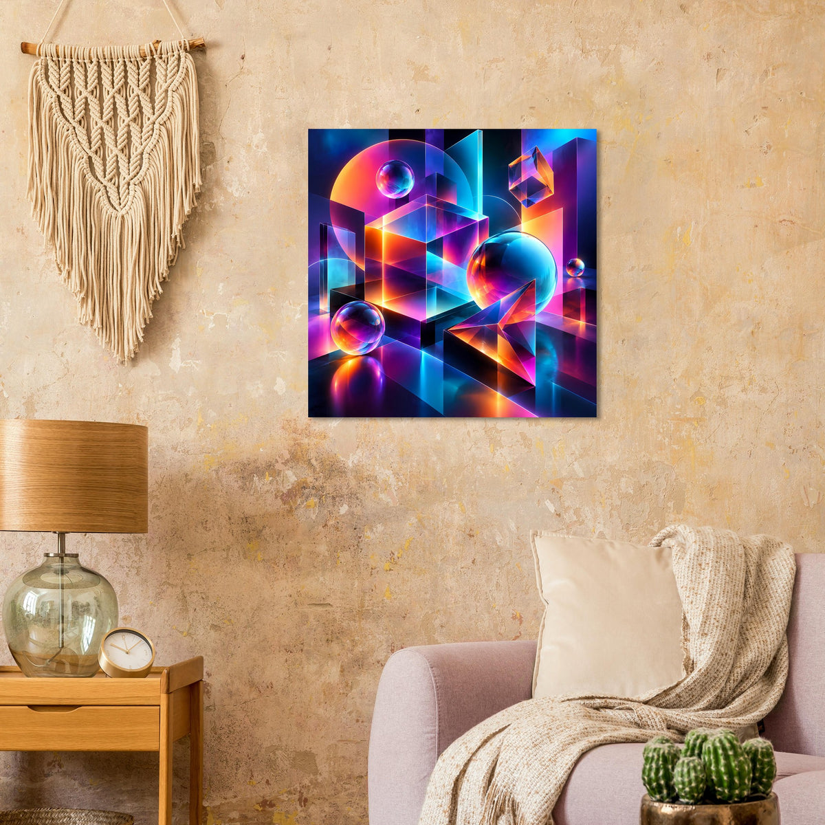 Neon-Geometry-Poster: quadratisches Motiv mit bunten 3D-Formen und Kugeln