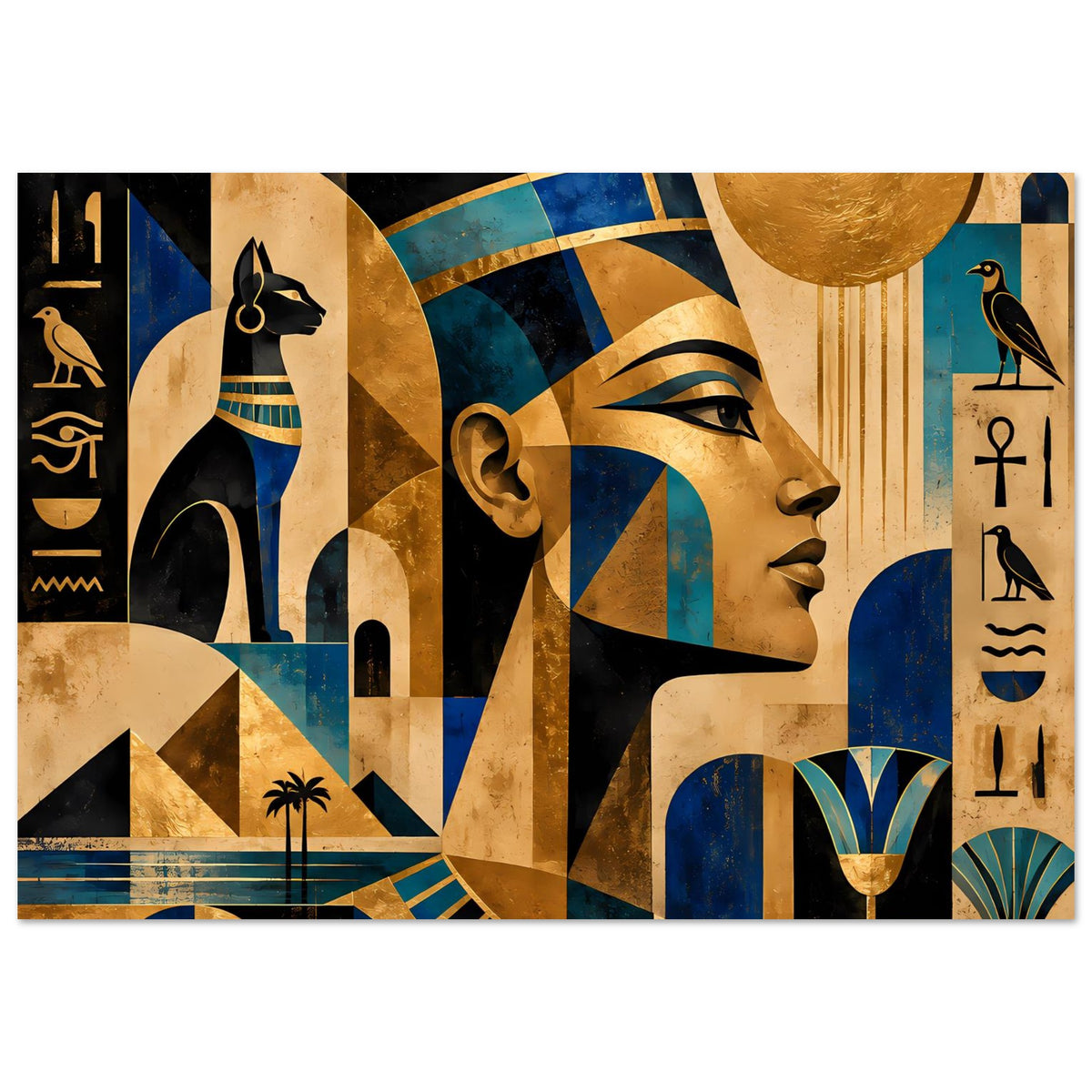 Ägyptisch inspiriertes Poster: Profil einer Frau, große Goldsonne, blaue Ornamente und Hieroglyphen
