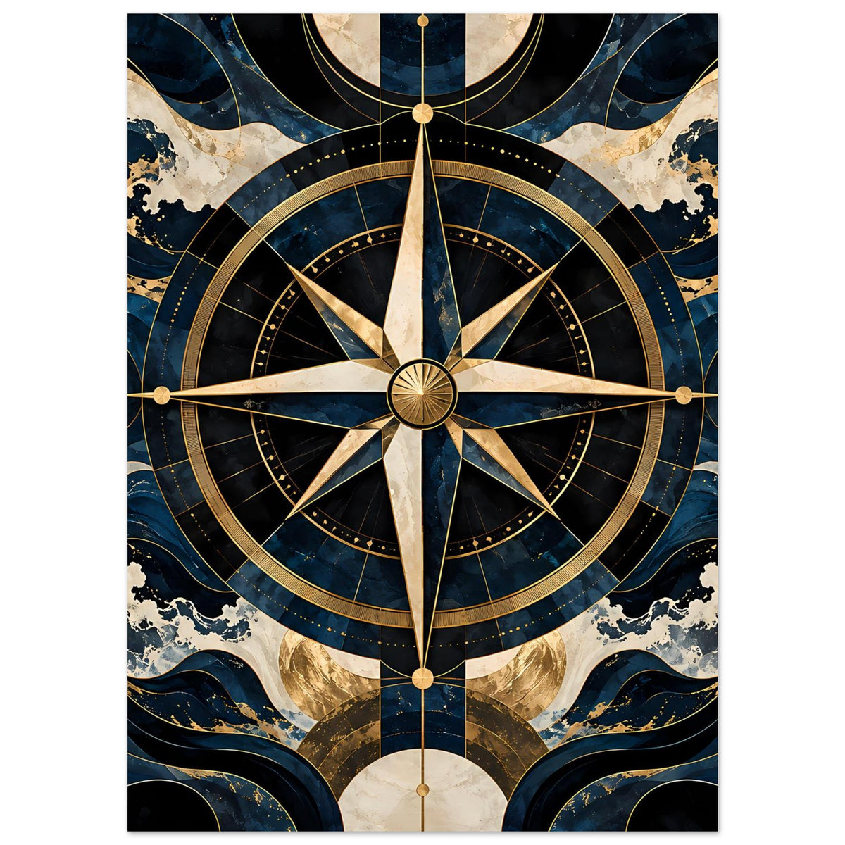 Maritimes Navigationsposter mit Kompassrad, goldenen Punkten und blauen Mustern