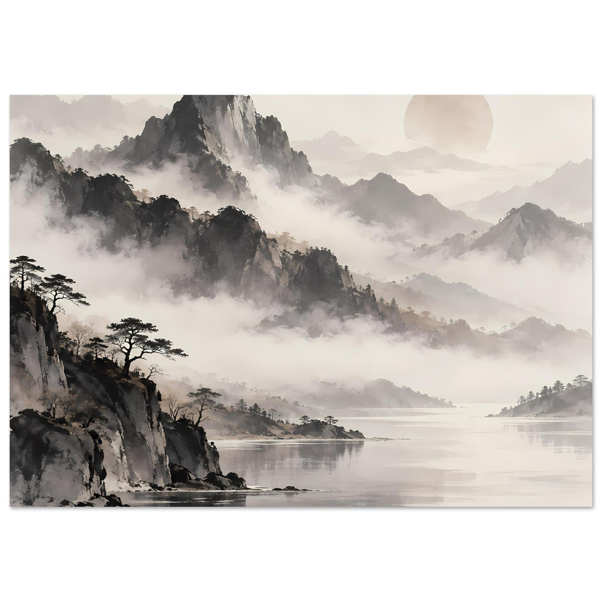 Poster mit weiten Bergnebel-Schichten, Wasserfläche und Sonnenkreis, links Felsklippen