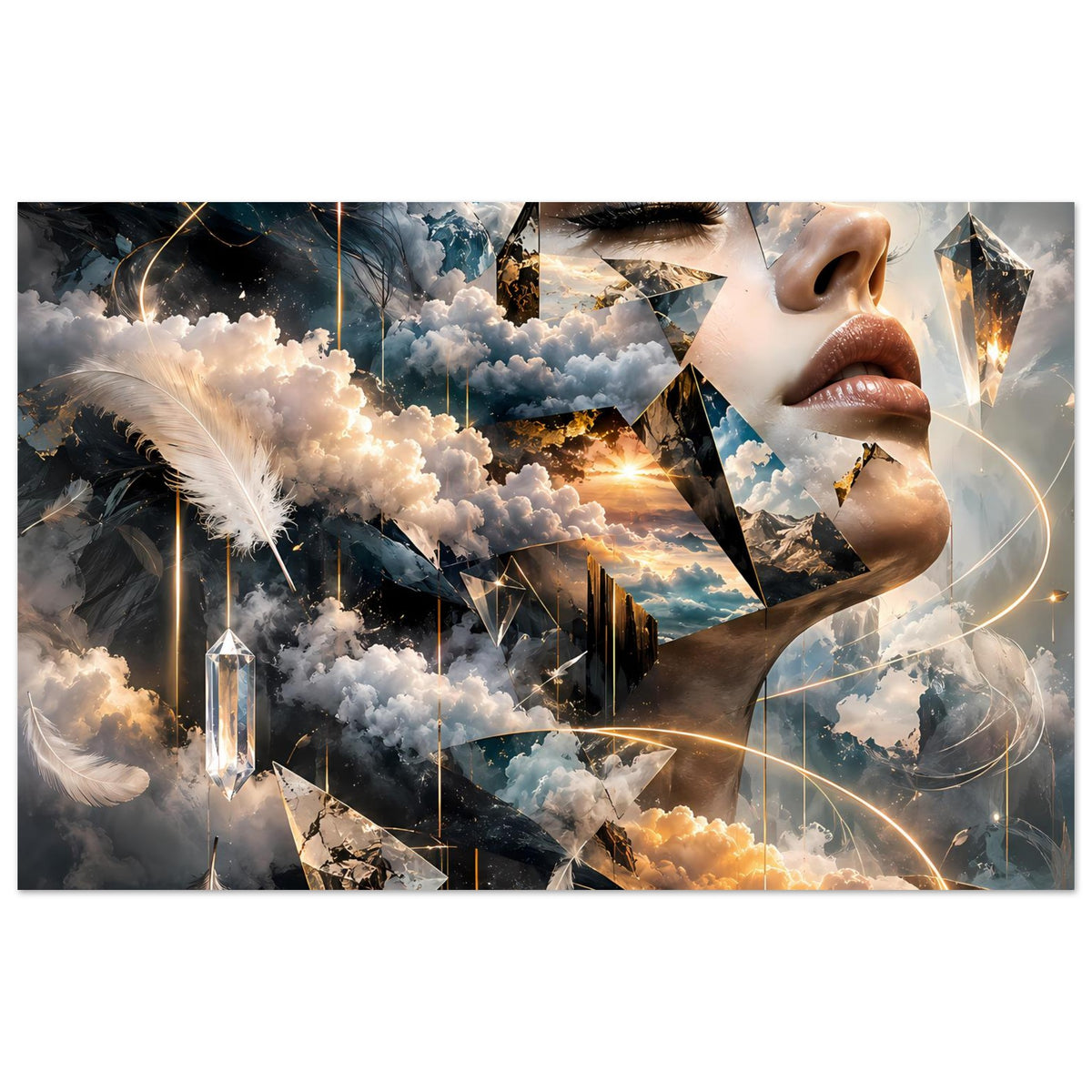 Horizontales surrealistisches Poster: Gesicht einer Frau, Wolken, Kristalle und goldene Linien