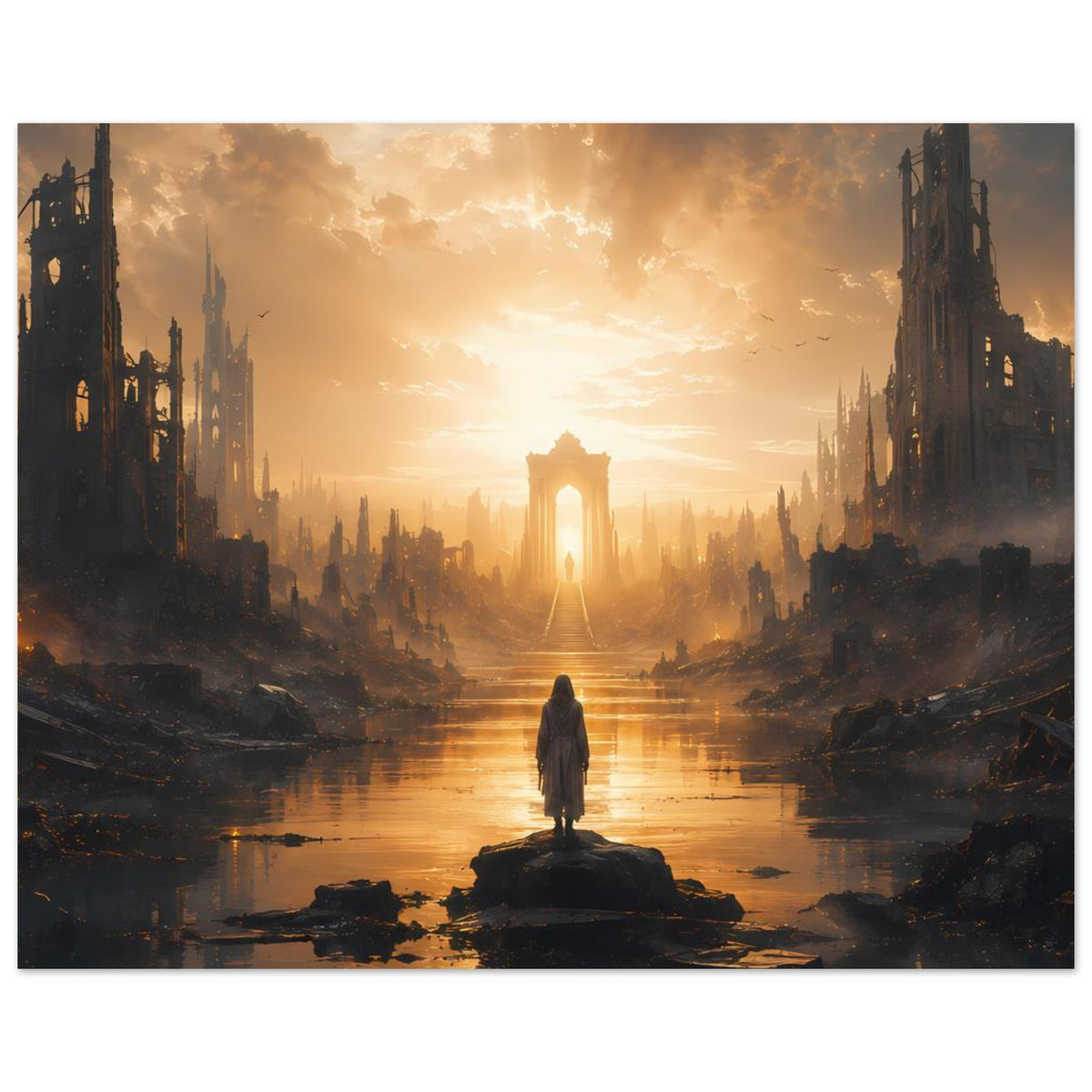 Poster mit Blick in eine Ruinenstadt; einsame Gestalt vor leuchtendem Monument über Wasser