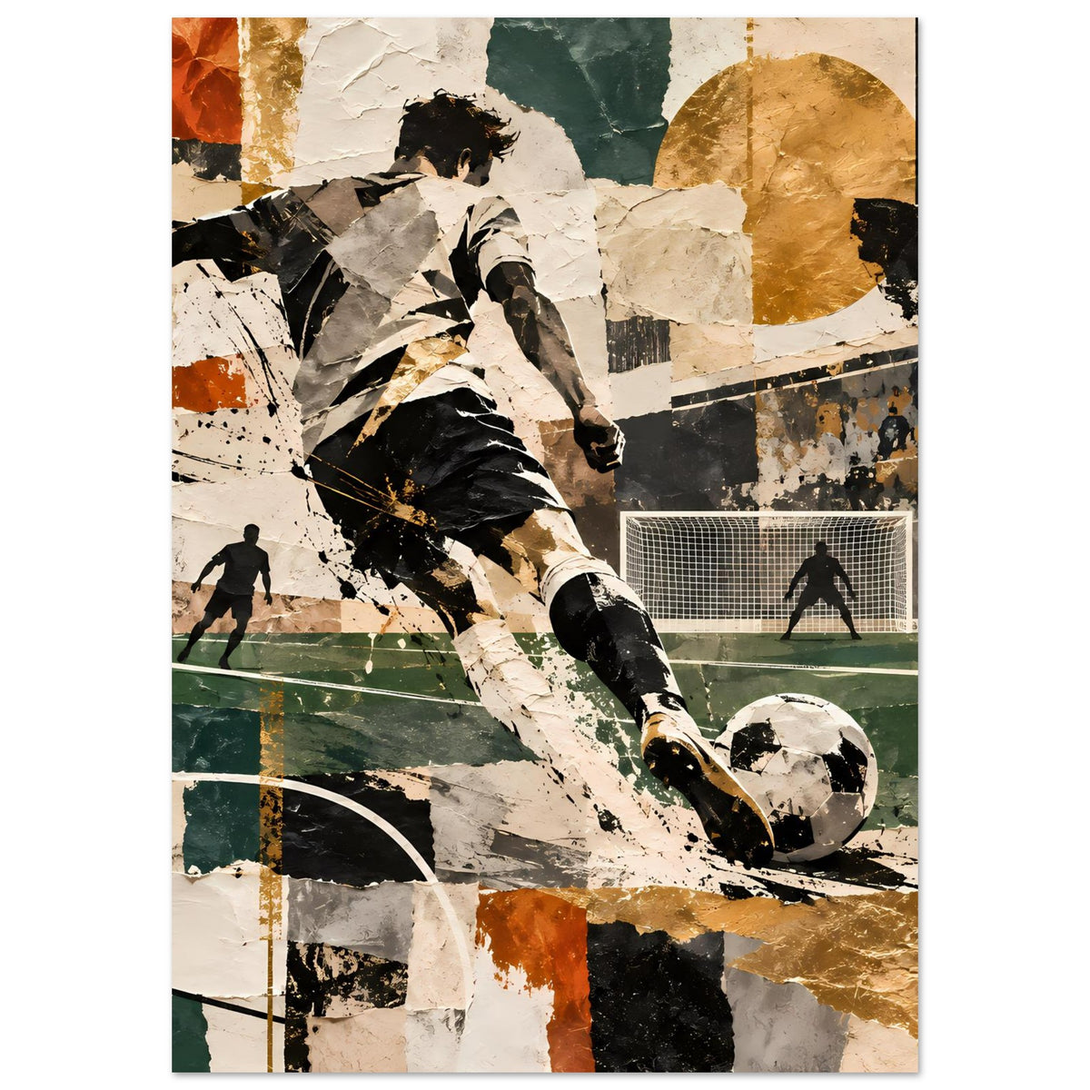 Abstraktes Fußball-Action-Artposter, vertikal: Ball im Vordergrund, Spieler im Sprung, farbige Collage