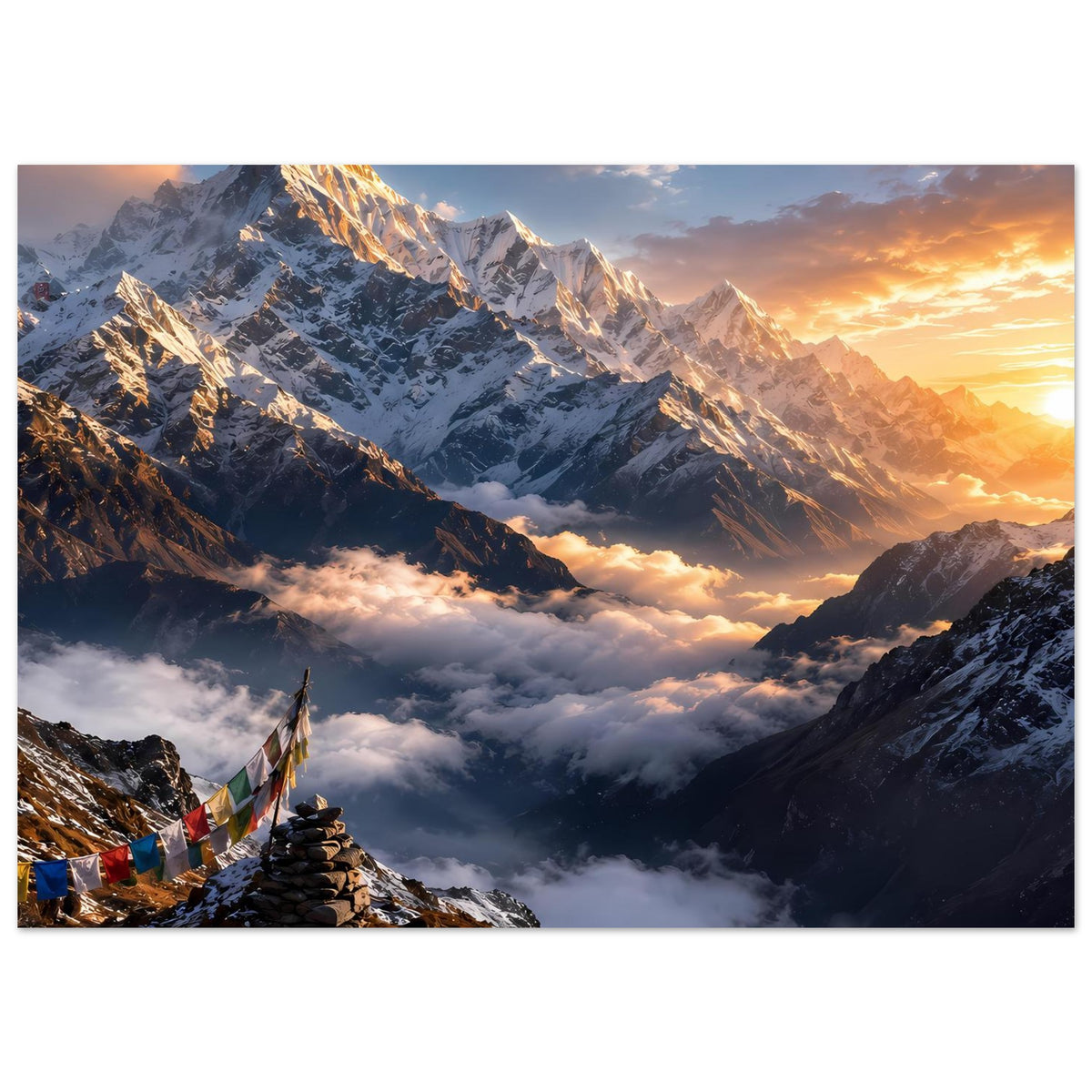 Horizontales Poster mit Himalaya-Bergpanorama bei Sonnenaufgang über Wolken