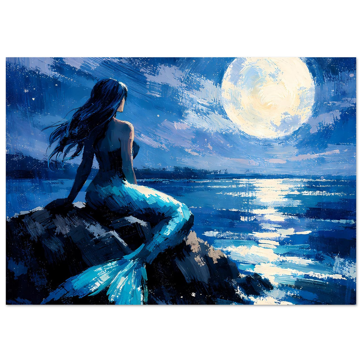 Premium-Matte Poster: Meerjungfrau mit blauem Flossenkleid, Mondlicht auf ruhiger Wasserfläche