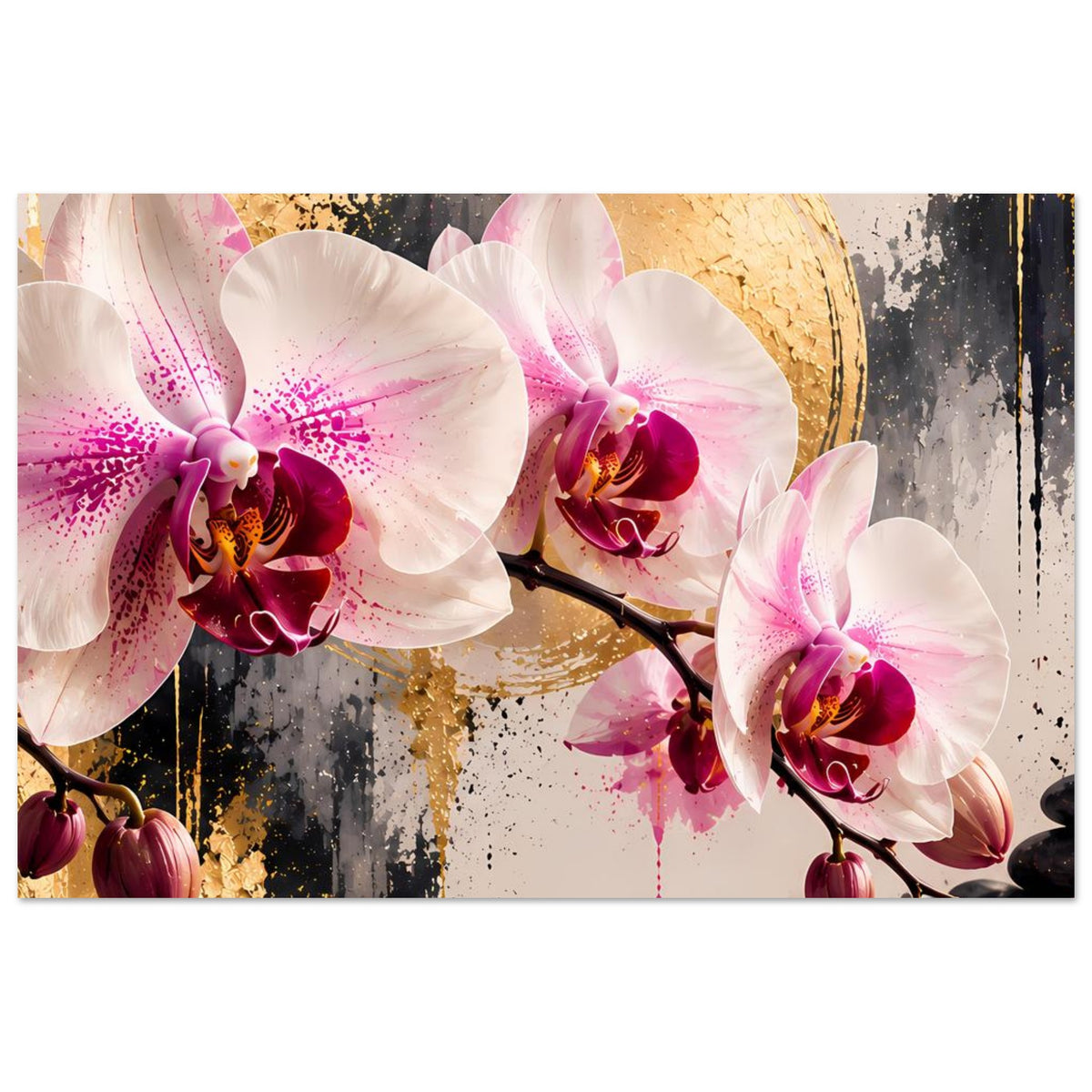 Orchideen-Poster im Querformat mit weißrosa Blüten, goldenem Halbmond und Zweig