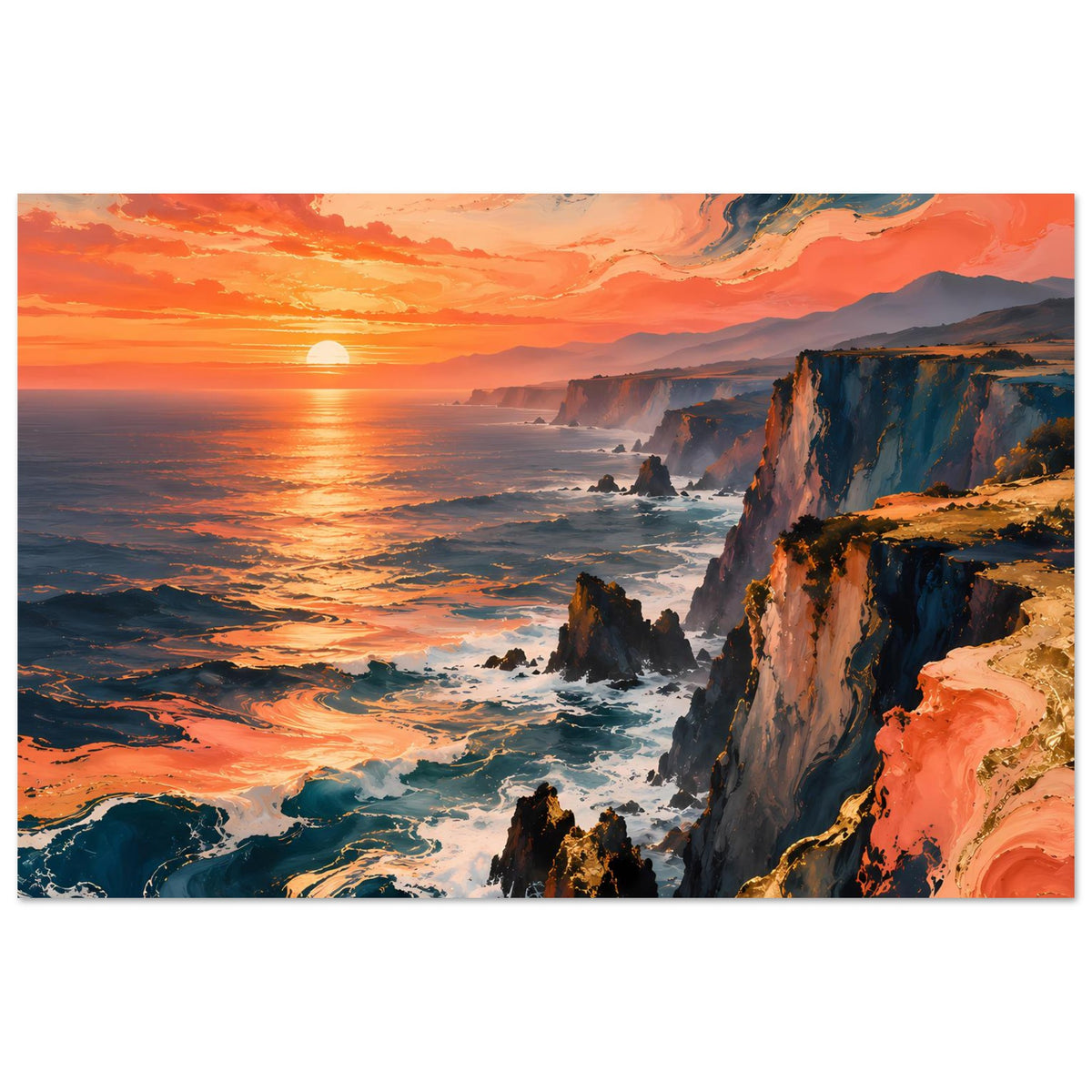 Querformat-Poster mit Sonnenuntergang über Felsenklippen und aufschäumenden Wellen