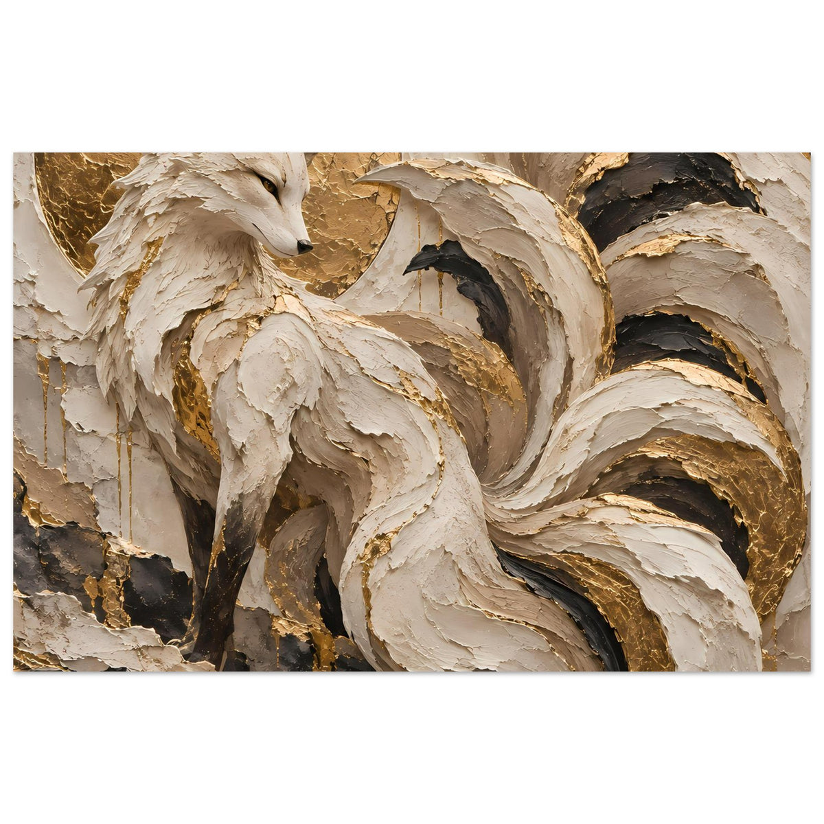 Kunstposter mit Fuchsmotiv in Gold, Beige und dunklen Akzenten, stark texturiert