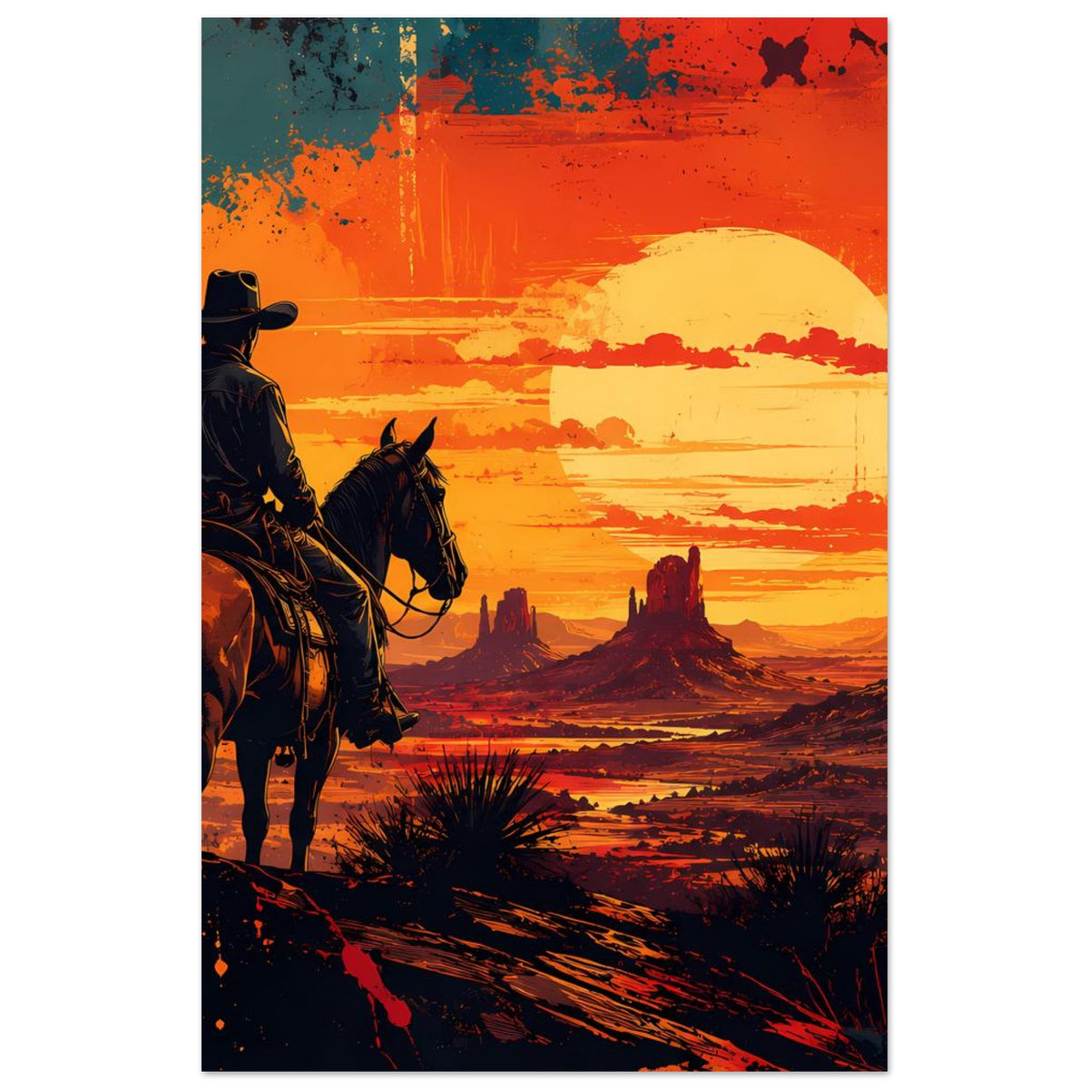 Western-Poster im Hochformat, Motiv mit Cowboy auf Pferd und großer gelber Sonne