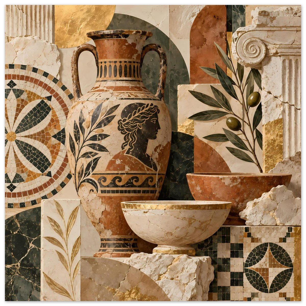 Mosaikposter mit Vase, Schale, Olivenzweig und geometrischen Mosaiksegmenten